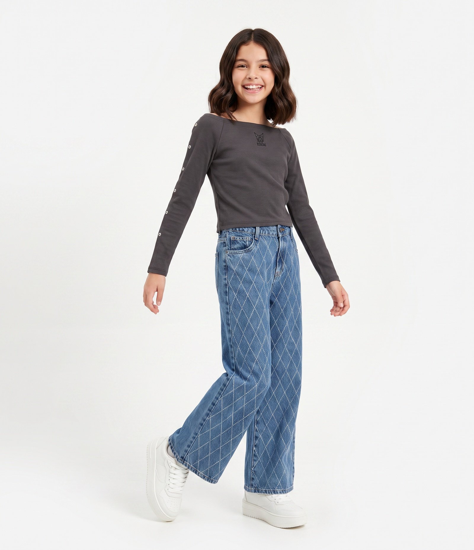 Calça Wide Infantil em Jeans com Aplicação Geométrica - Tam 5 a 16 Anos Azul Médio 1