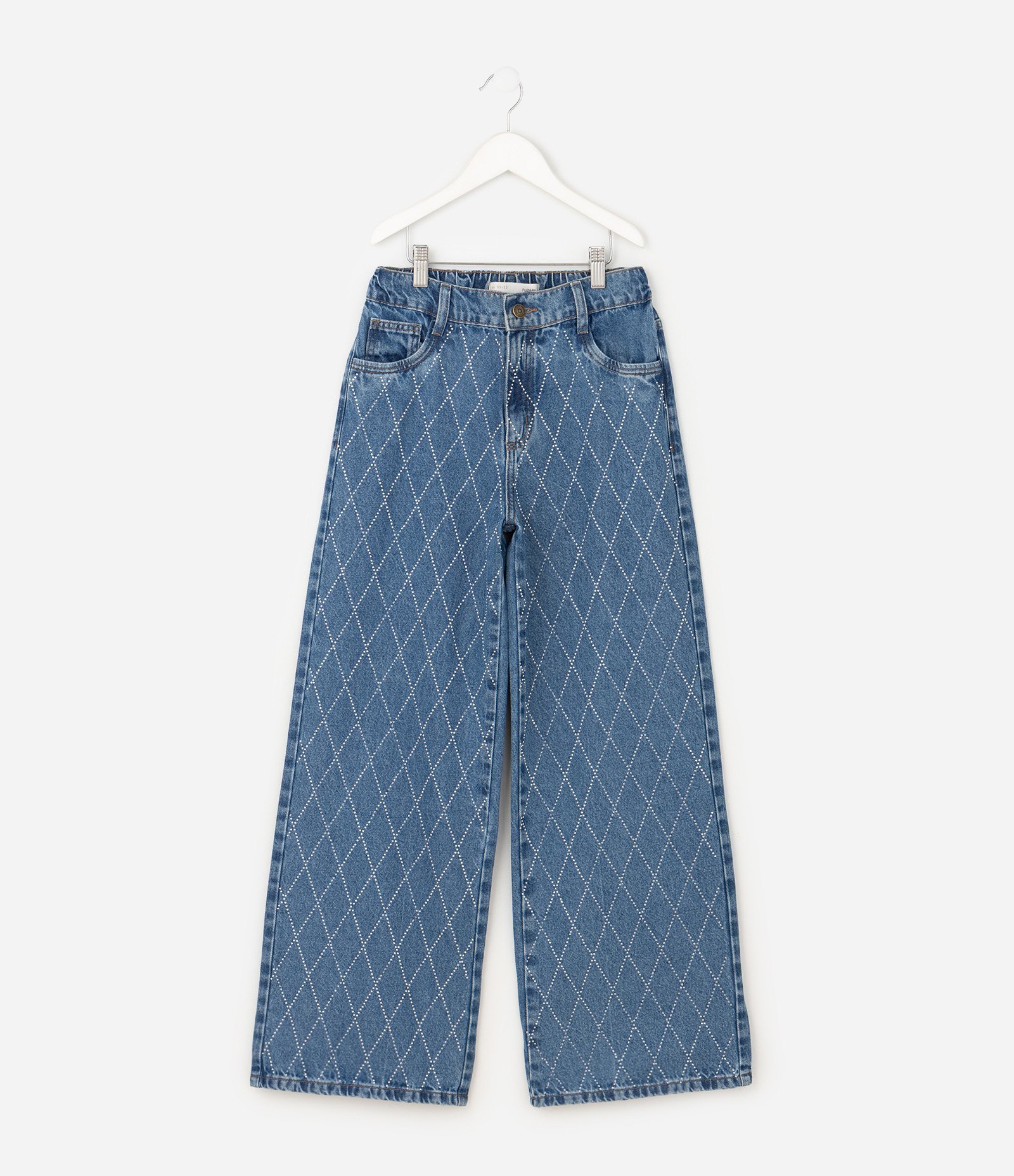 Calça Wide Infantil em Jeans com Aplicação Geométrica - Tam 5 a 16 Anos Azul Médio 8