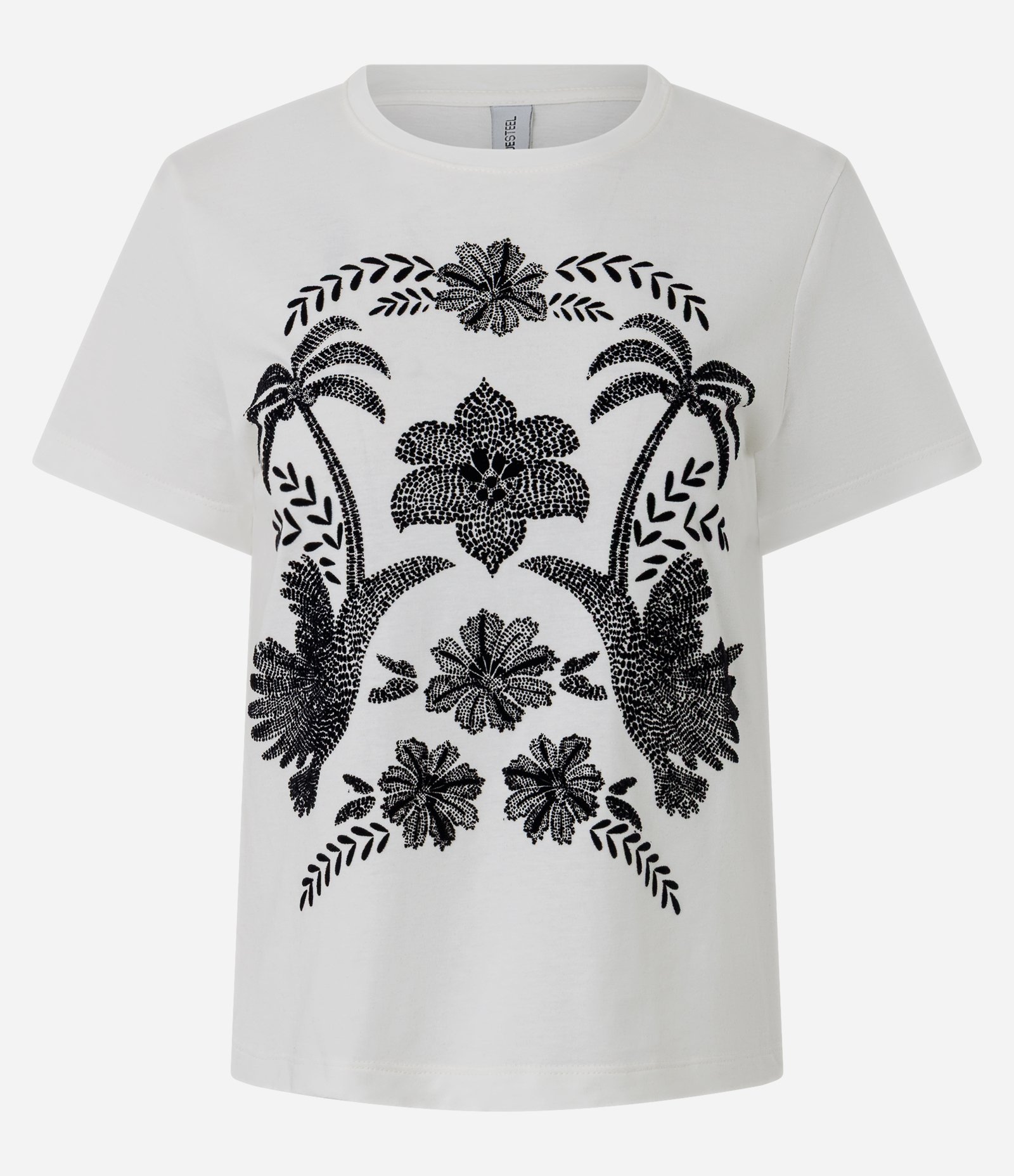 Camiseta Manga Curta em Algodão com Estampa Flocada Floral Branco 1