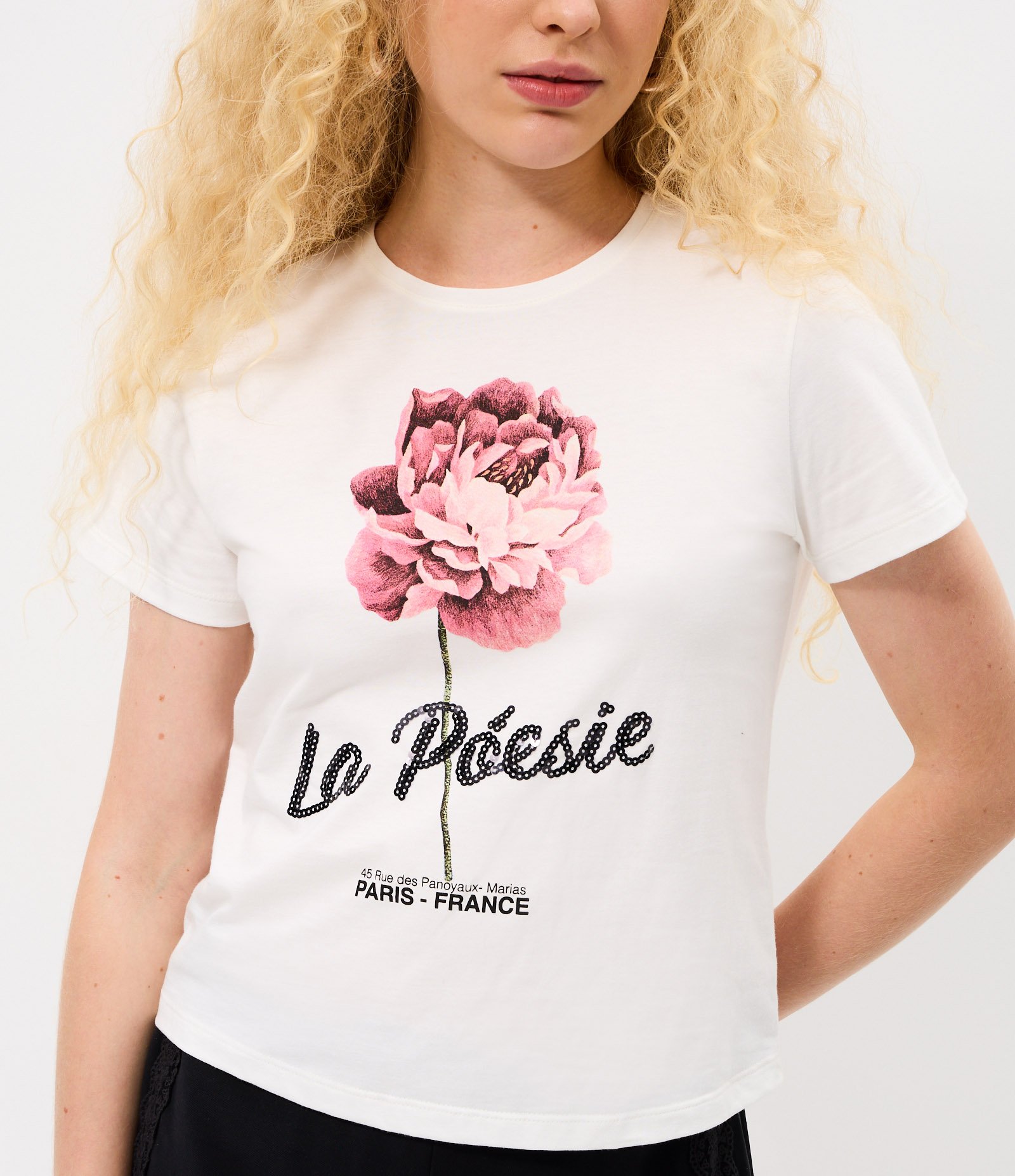 Camiseta em Algodão com Estampa Floral Bordada e Lettering La Poesie Off White 3