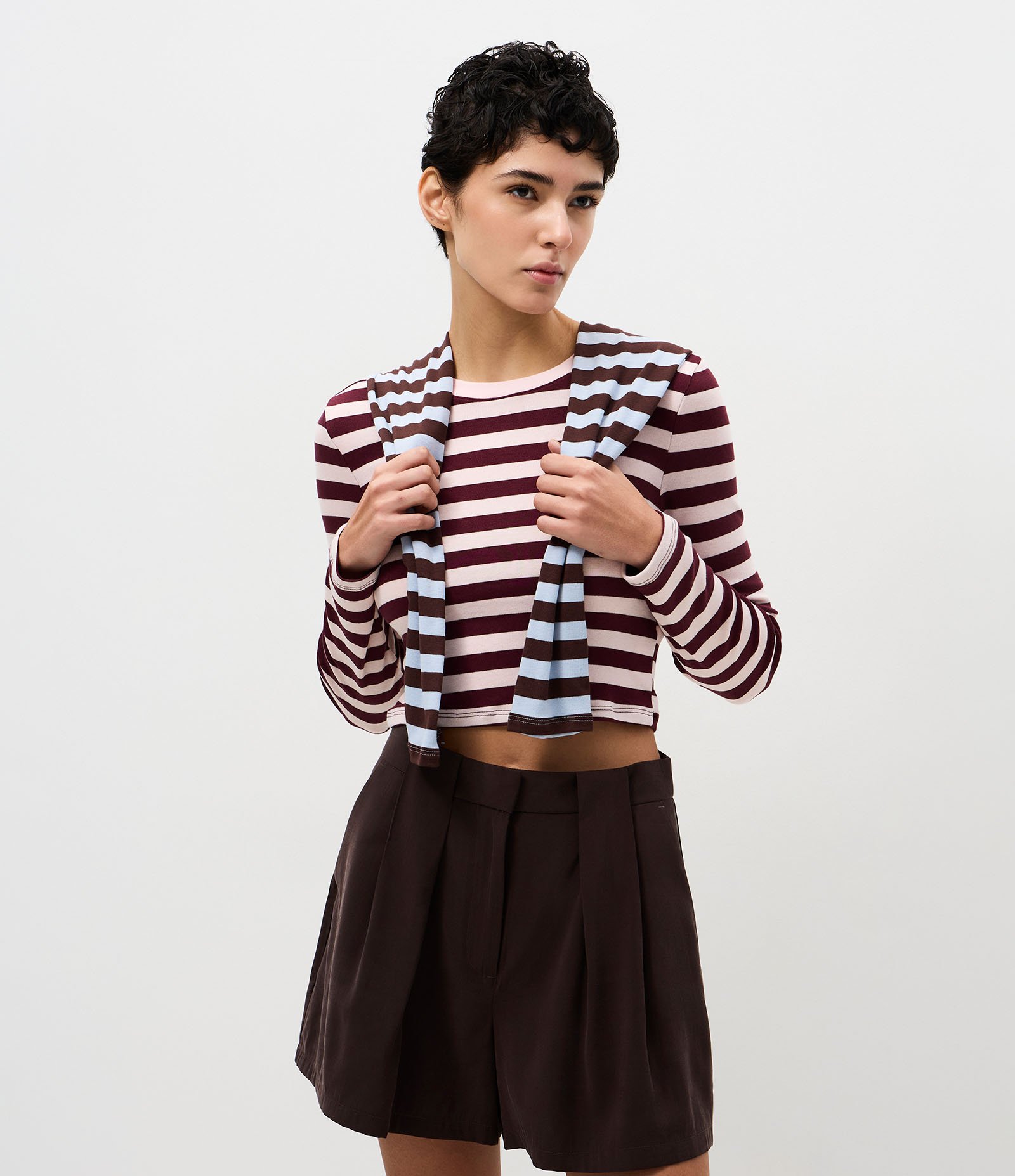 Blusa Cropped em Ribana com Listras Rosa 1