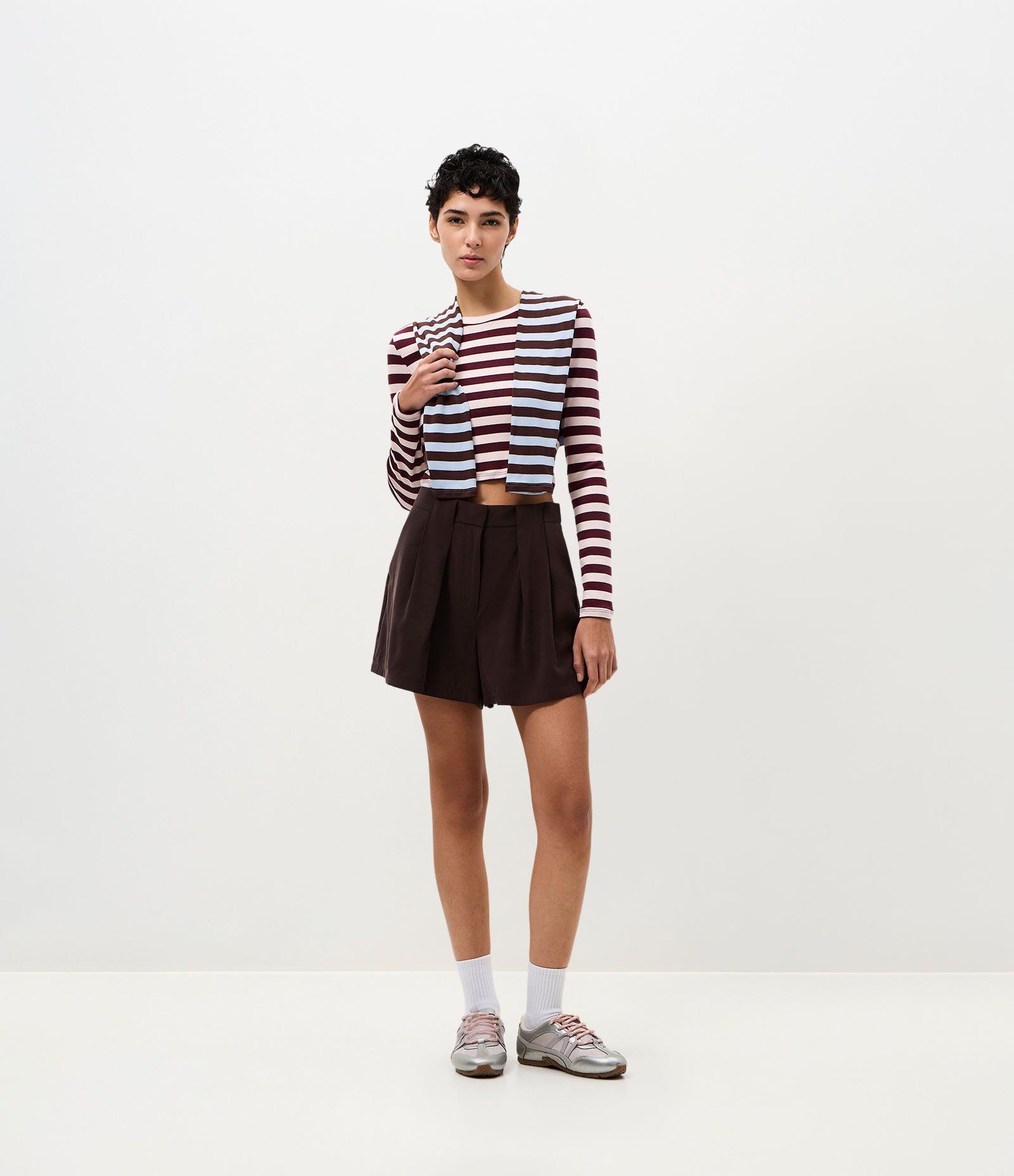 Blusa Cropped em Ribana com Listras Rosa 2
