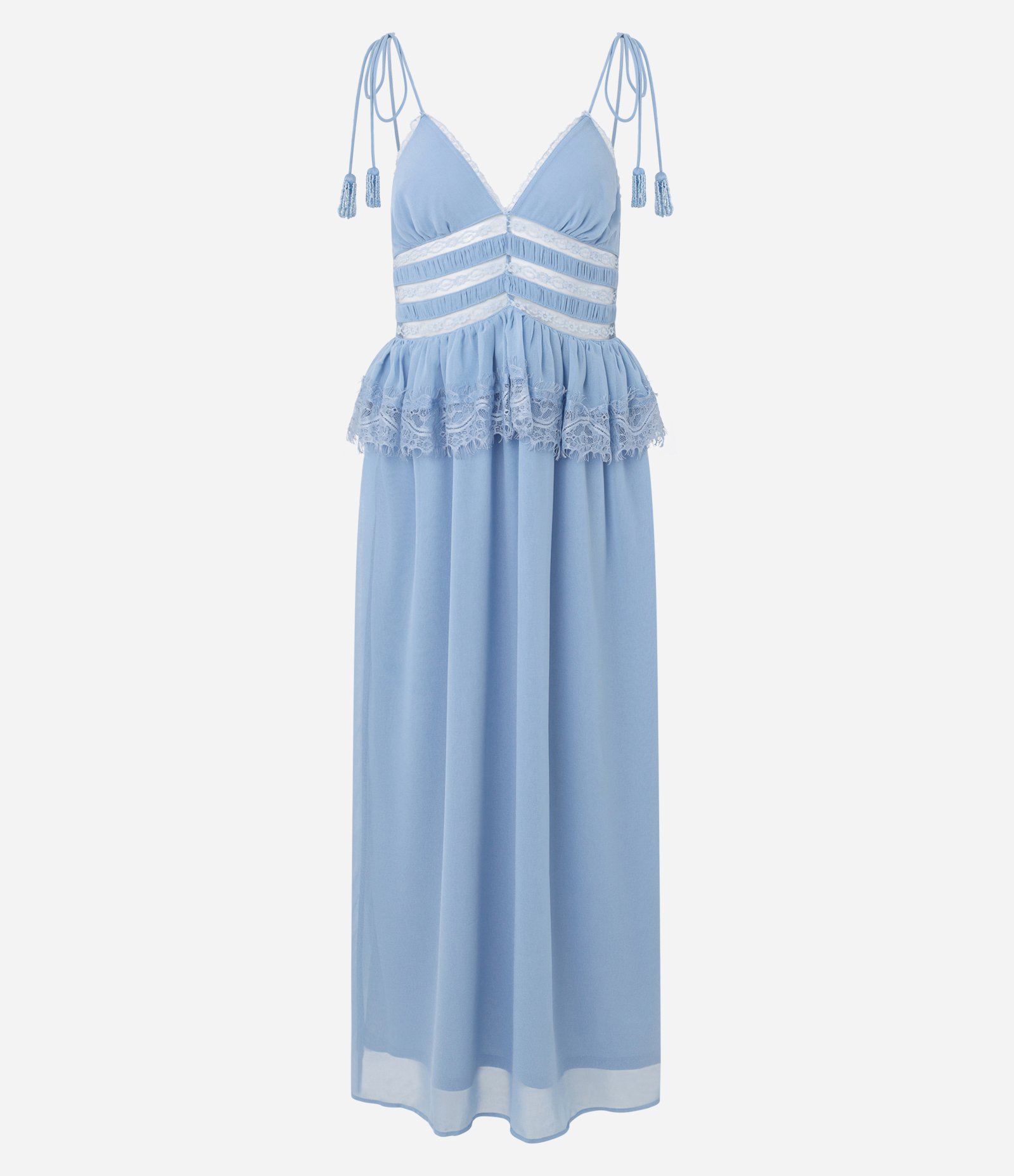 Vestido Longo em Chiffon com Renda e Alças para Amarração Azul 1