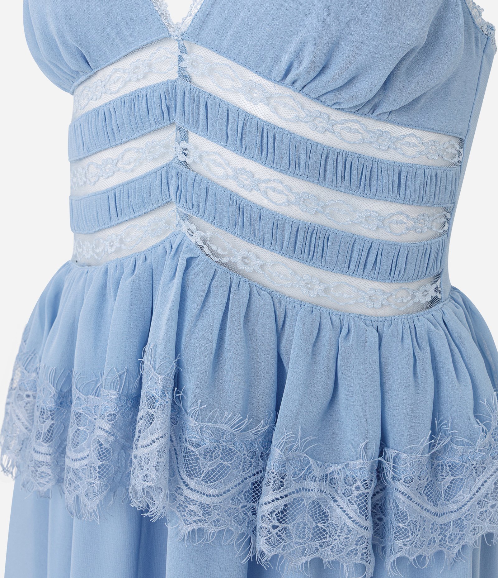 Vestido Longo em Chiffon com Renda e Alças para Amarração Azul 5