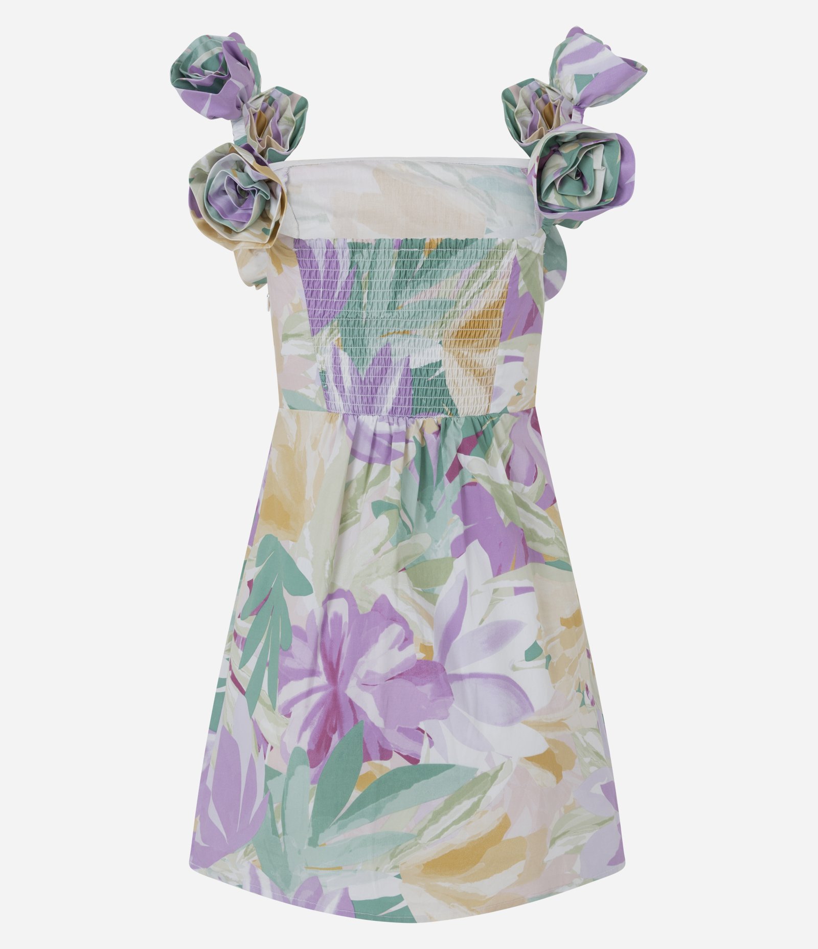 Vestido Curto Floral com Detalhes de Flores 3D nas Alças Lilás 3