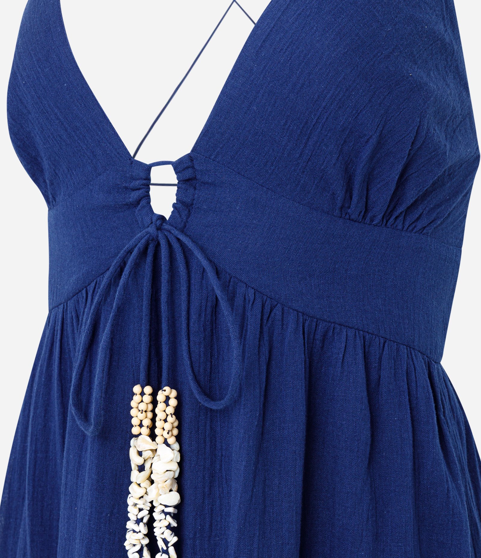 Vestido Longo Evasê com Aviamentos de Conchas e Costas Transpassadas Azul 2