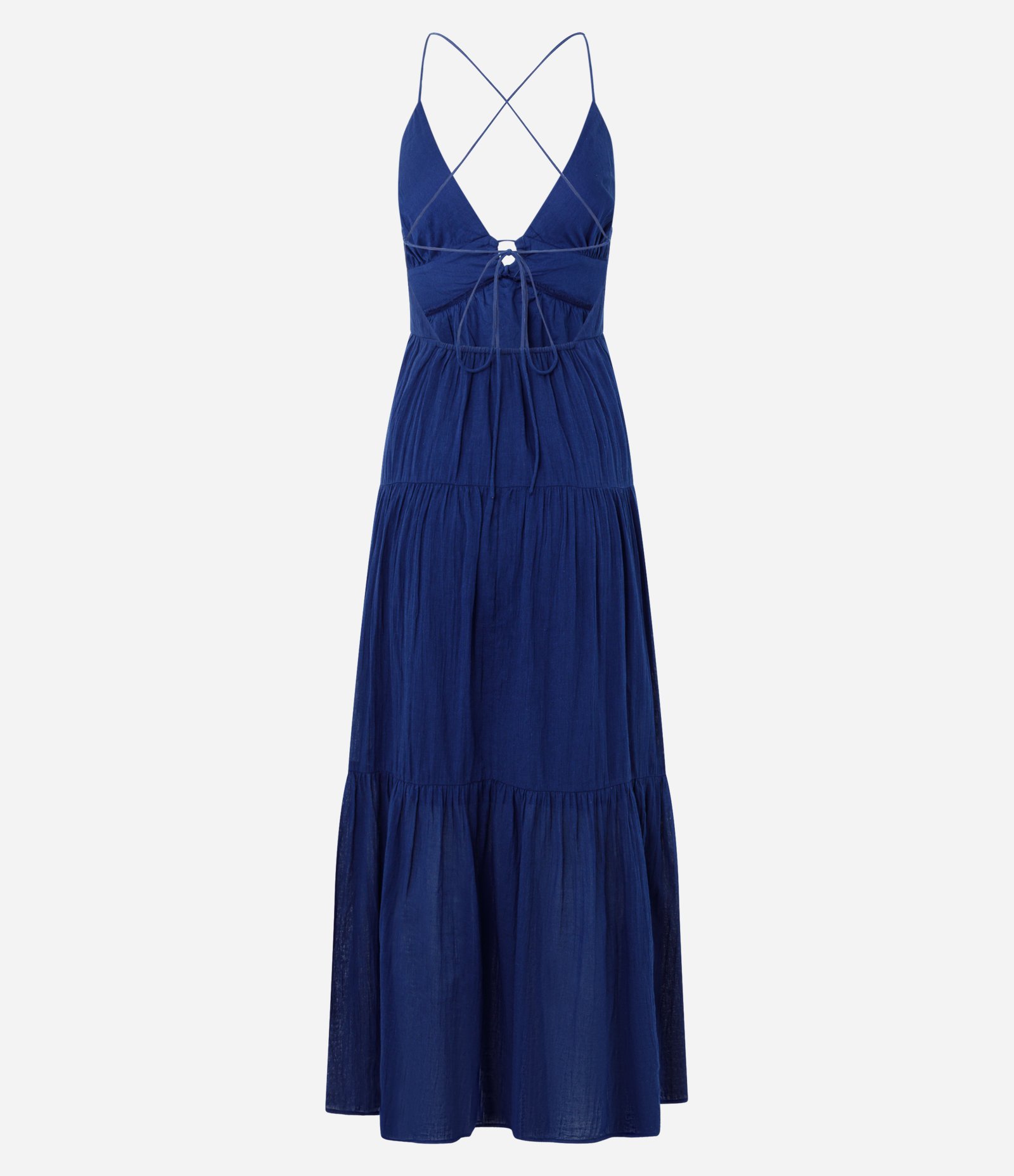Vestido Longo Evasê com Aviamentos de Conchas e Costas Transpassadas Azul 3