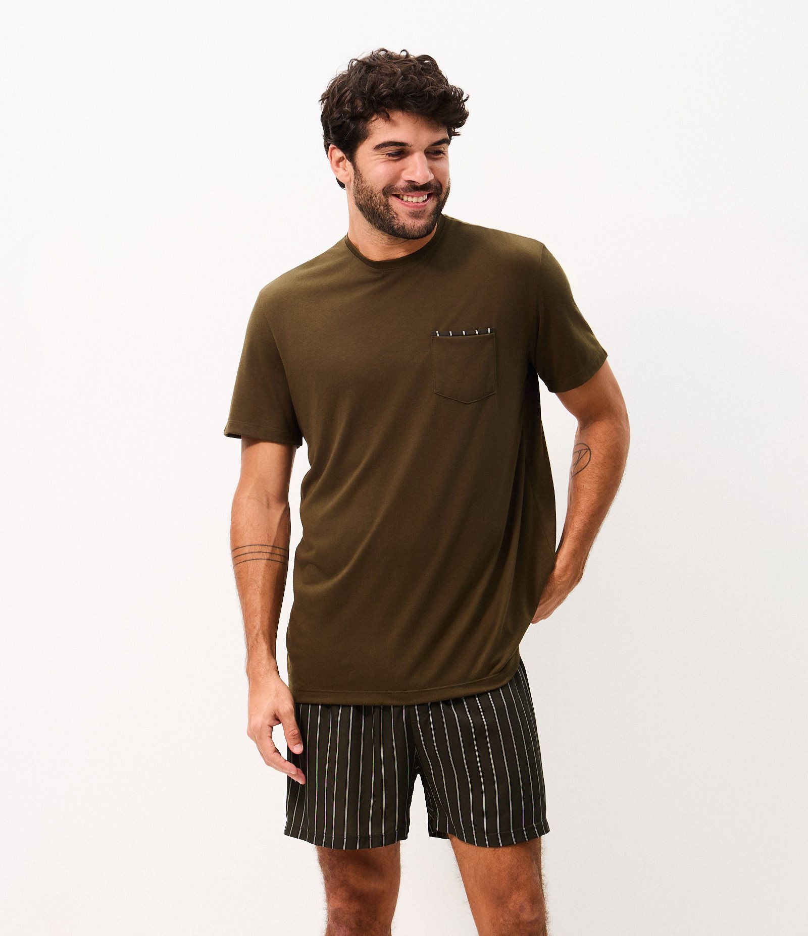 Pijama Curto em Poliviscose com Listras Verde 1