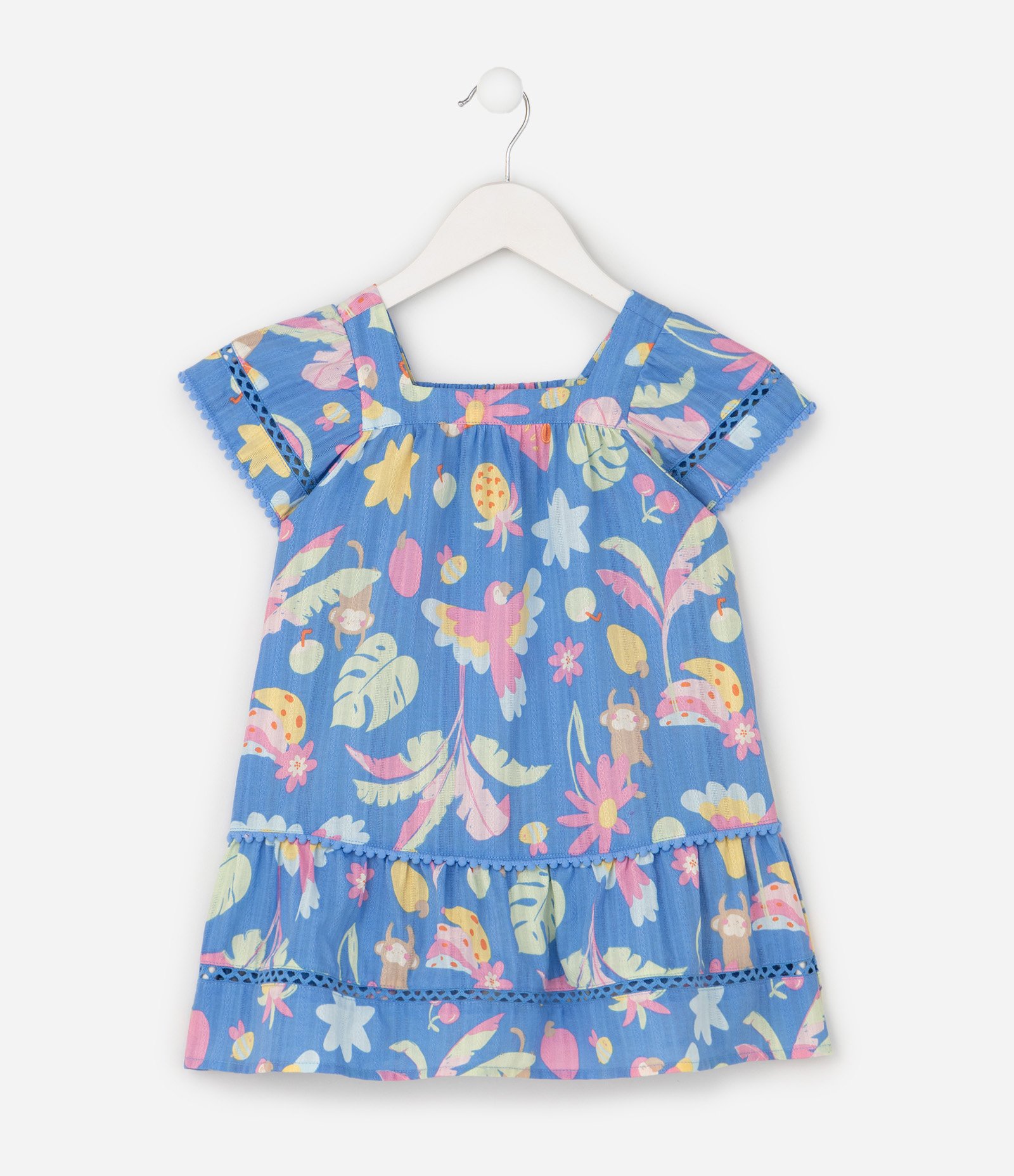 Vestido Infantil Evasê em Tricoline com Estampa Tropical - Tam 1 a 6 Anos Azul 2