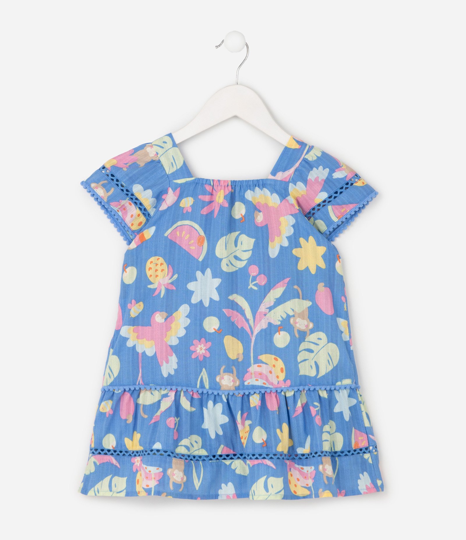 Vestido Infantil Evasê em Tricoline com Estampa Tropical - Tam 1 a 6 Anos Azul 3
