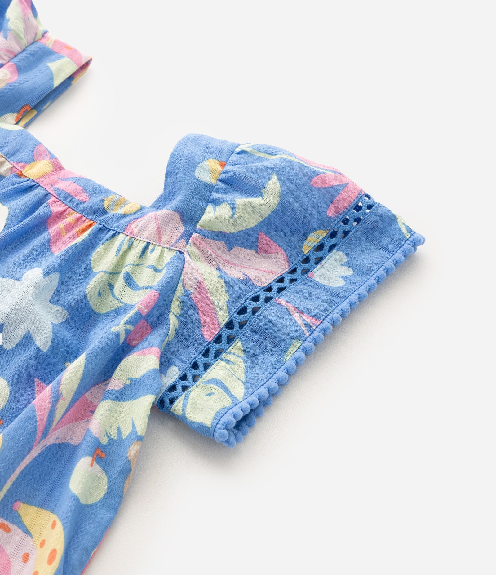 Vestido Infantil Evasê em Tricoline com Estampa Tropical - Tam 1 a 6 Anos Azul 5