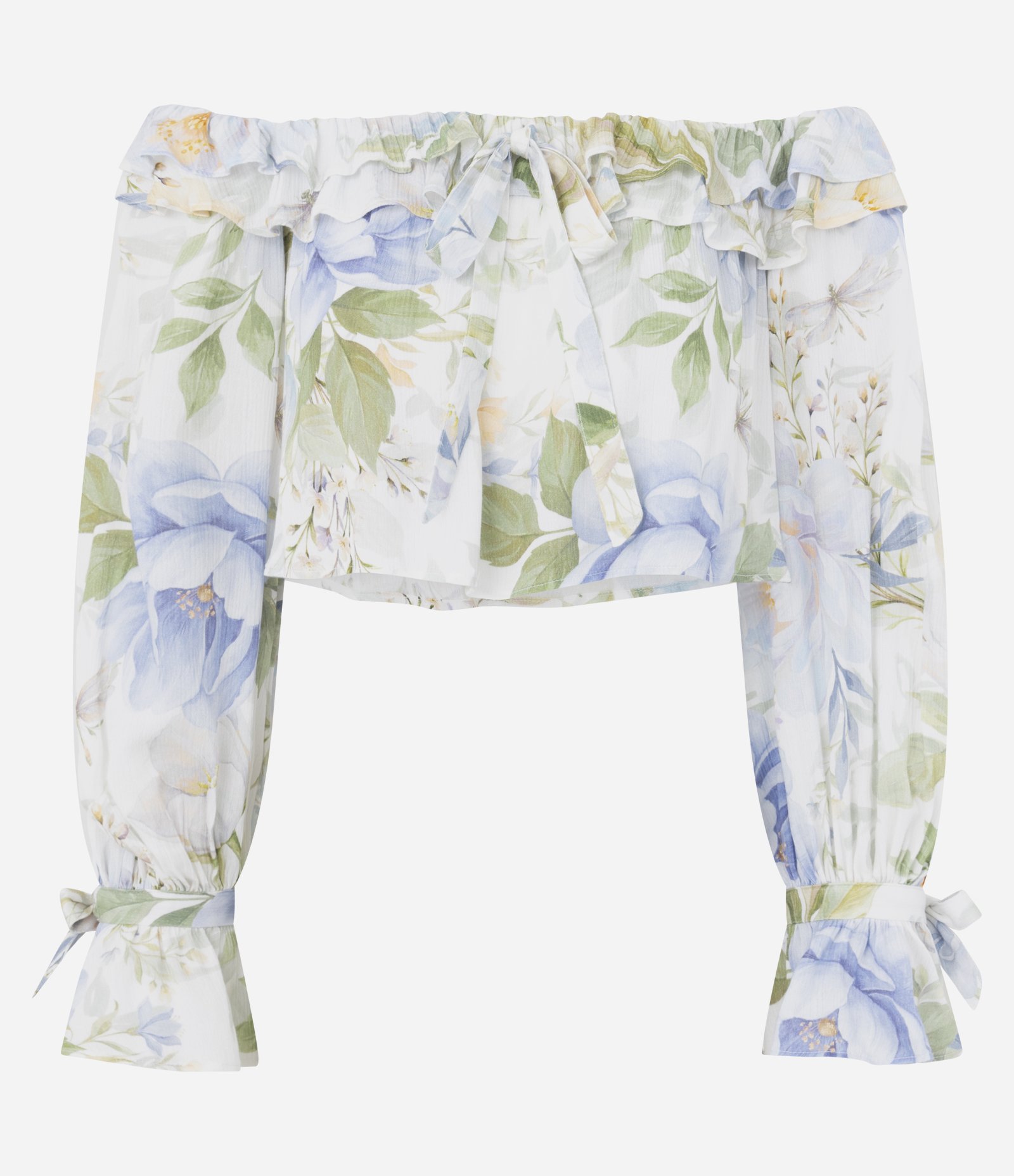 Blusa Bata Ombro a Ombro em Chiffon Floral com Babados e Amarração Branco 1