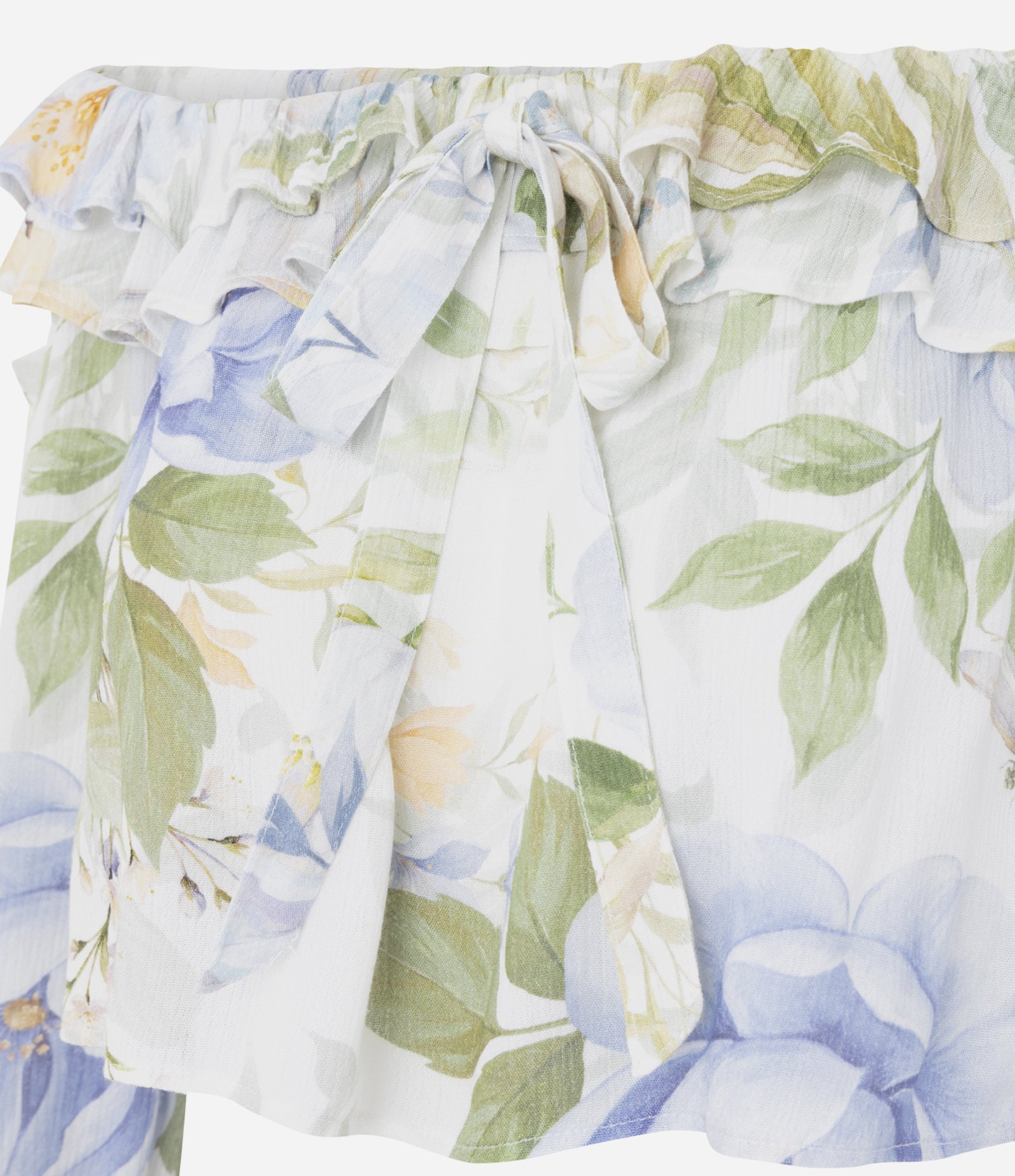 Blusa Bata Ombro a Ombro em Chiffon Floral com Babados e Amarração Branco 2