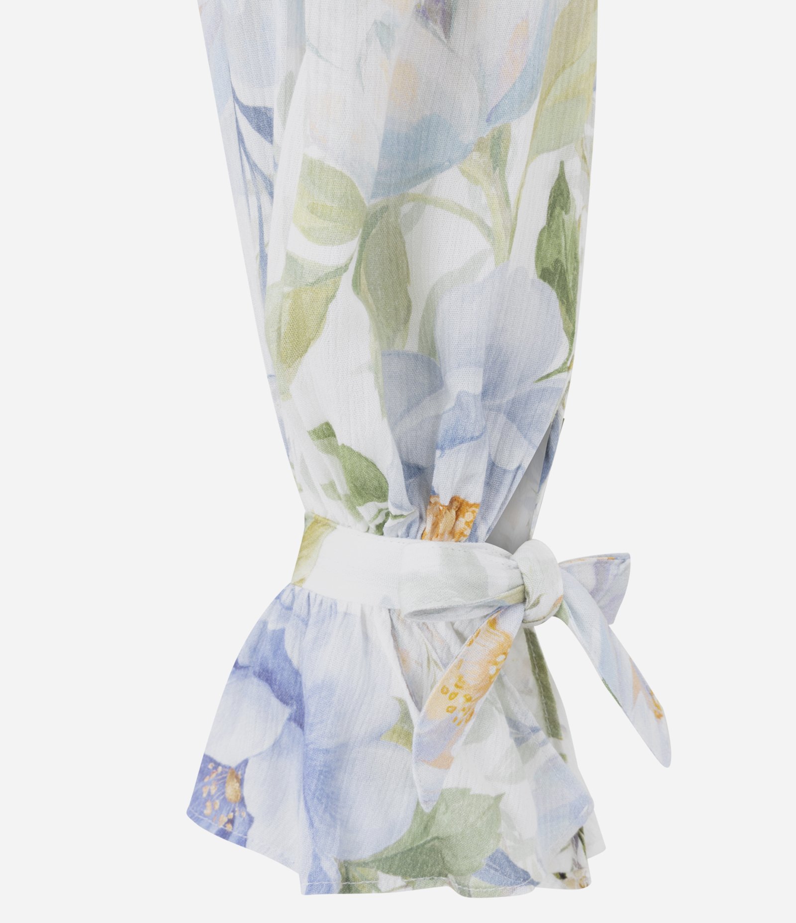 Blusa Bata Ombro a Ombro em Chiffon Floral com Babados e Amarração Branco 3