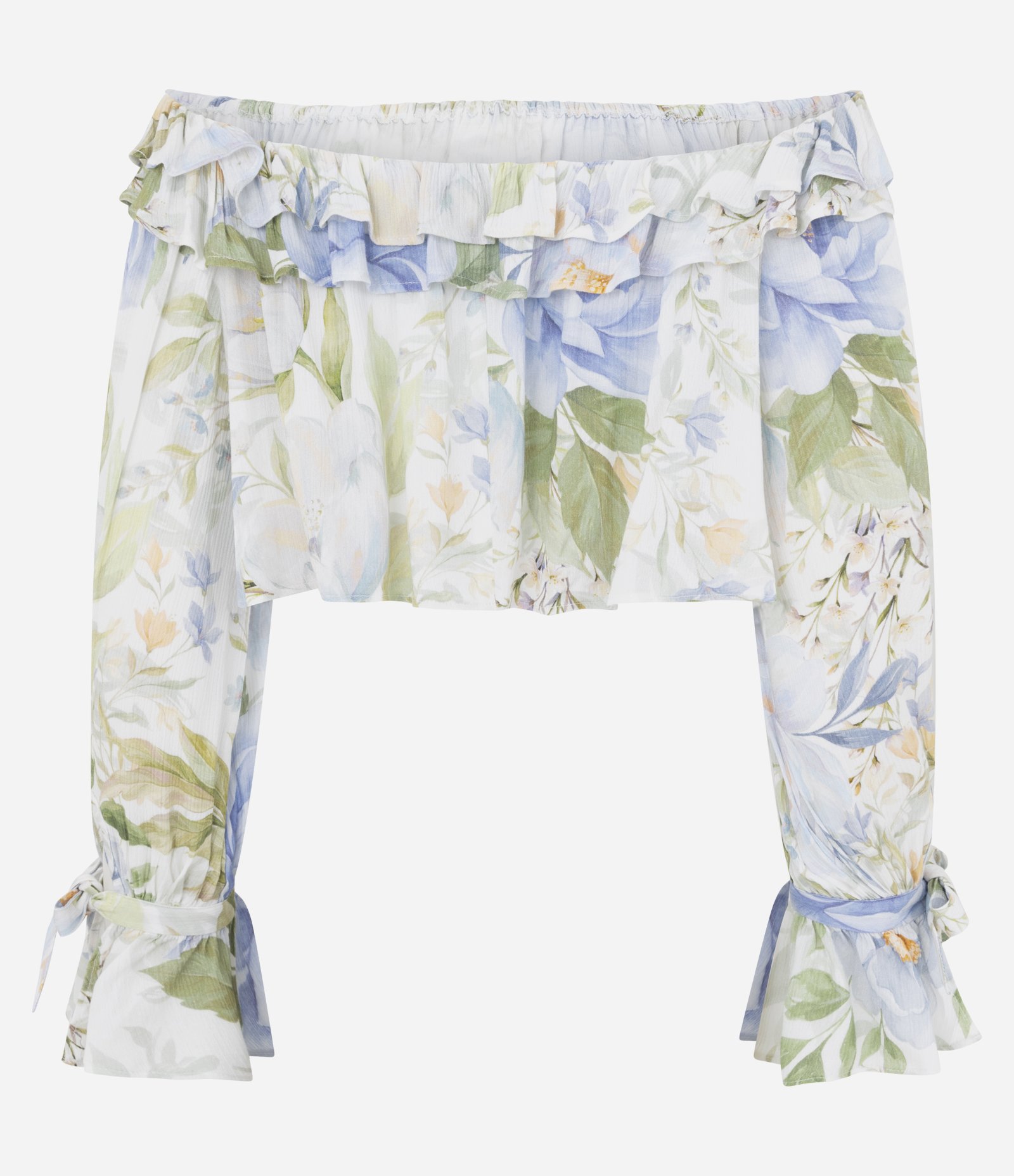 Blusa Bata Ombro a Ombro em Chiffon Floral com Babados e Amarração Branco 4