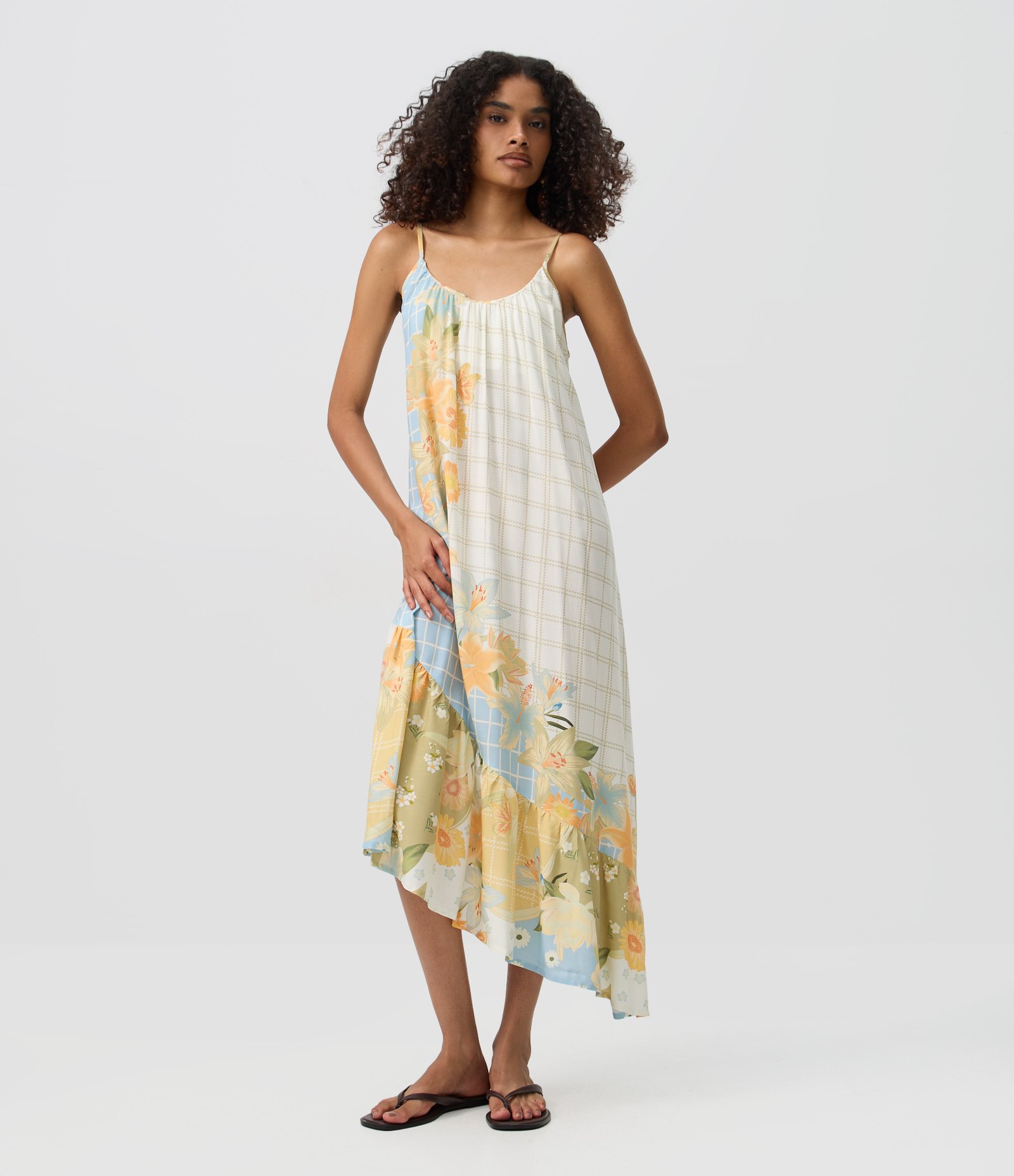 Vestido Longo Estampado Floral com Barra Assimétrica Branco 1