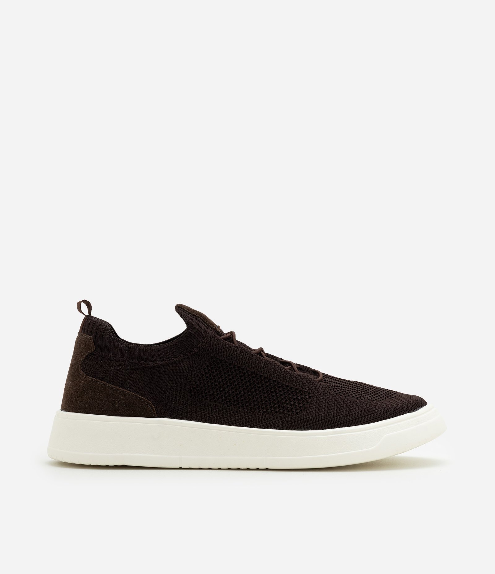 Tênis Casual de Knit com Detalhe em Couro Marrom Escuro 1