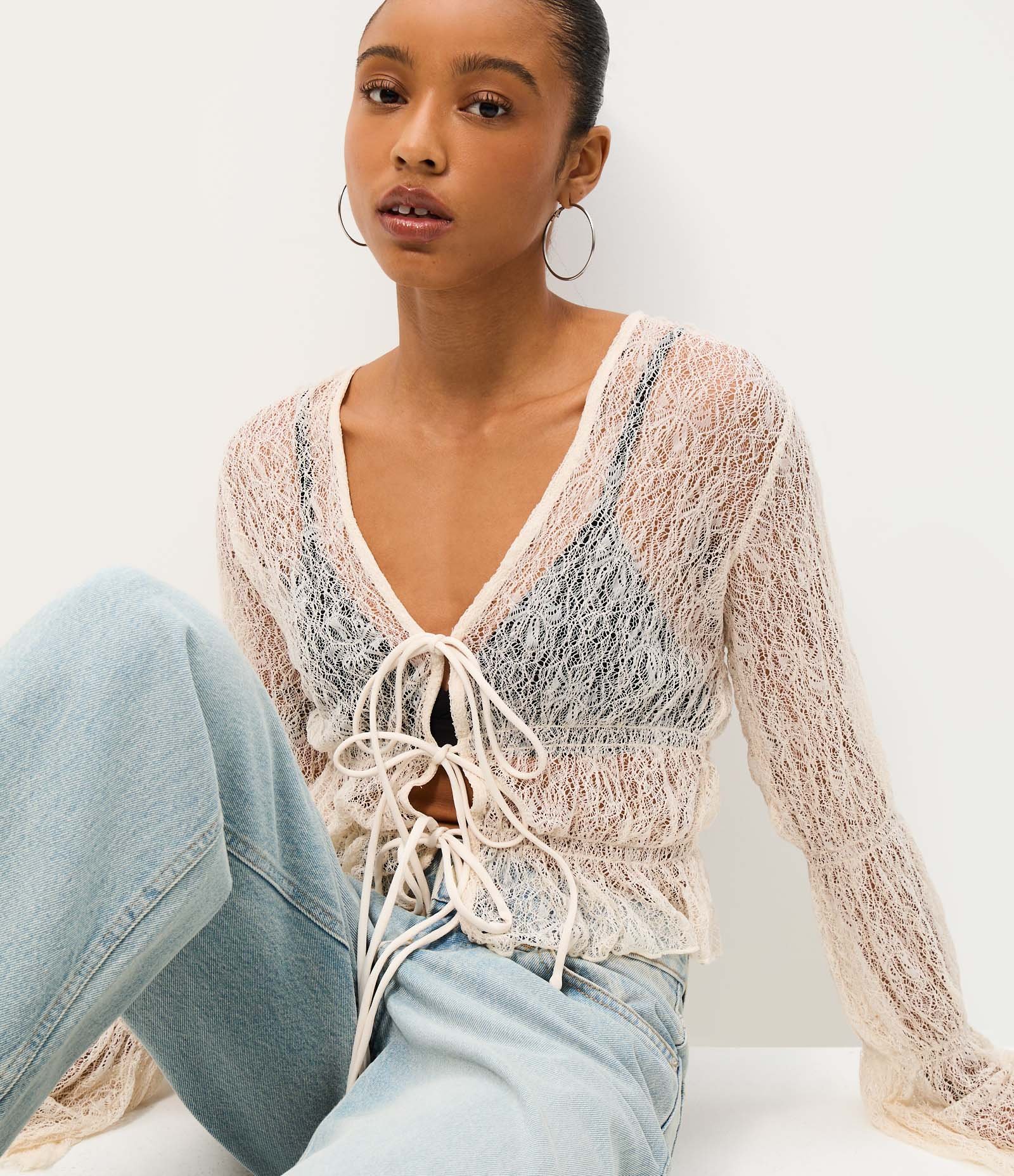 Blusa Peplum com Amarração em Lacinhos Off White 1