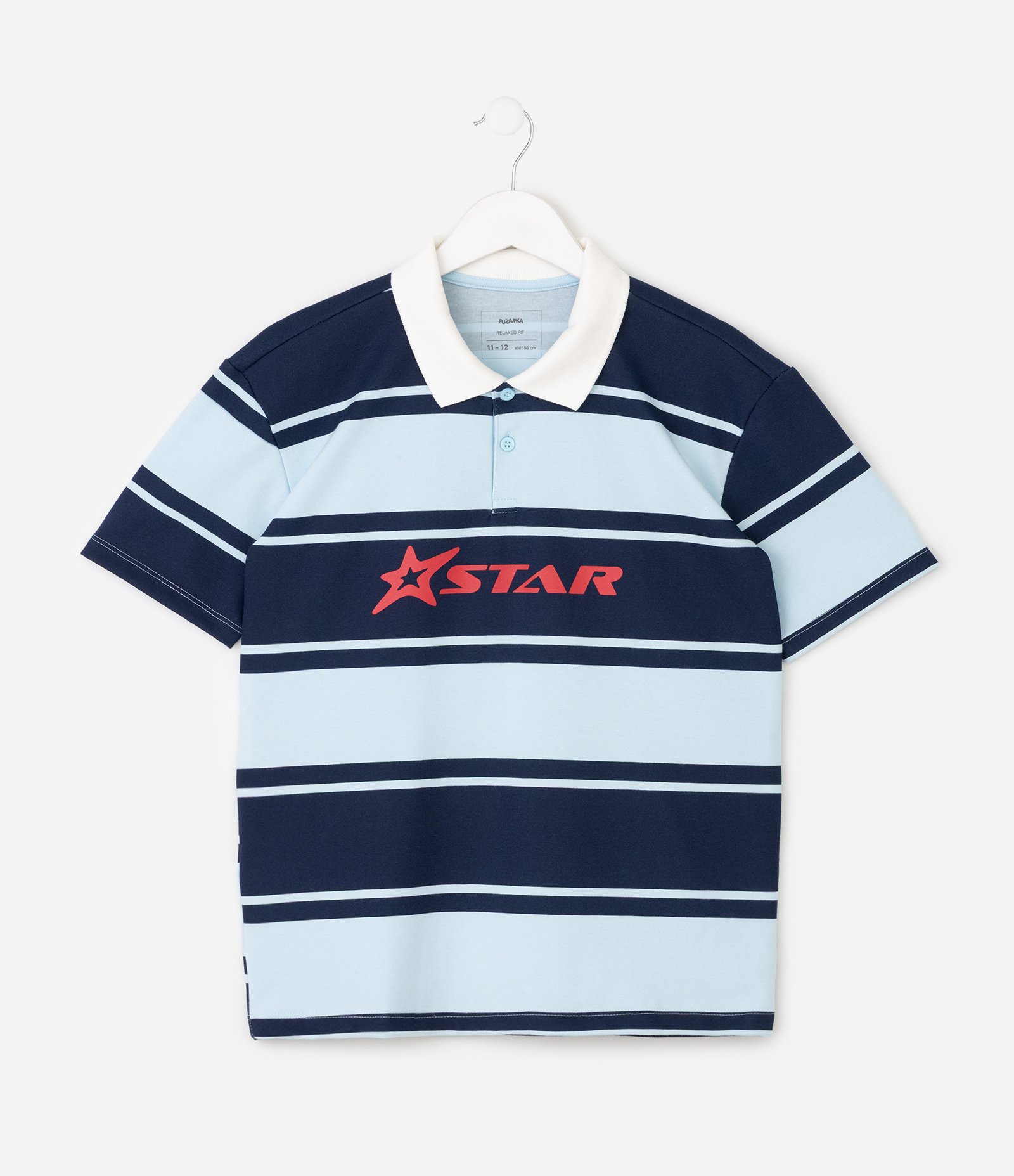 Camiseta Relaxed Infantil Listrada com Gola Polo e Lettering Star - Tam 5 a 14 Anos Azul 1