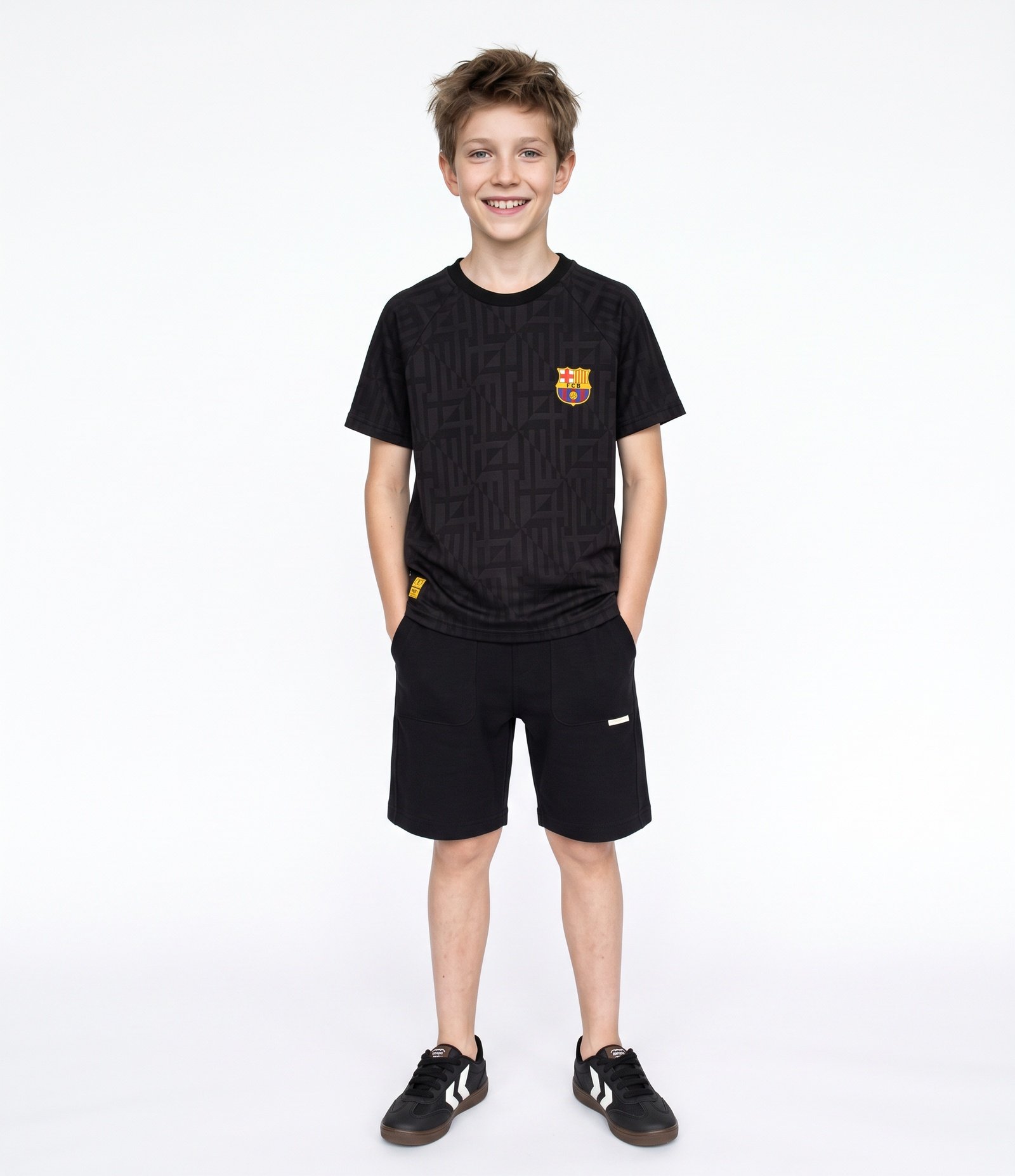 Camiseta Infantil Barcelona Textura Geométrica com Escudo Aplicado - Tam 5 a 14 Anos Preto 1