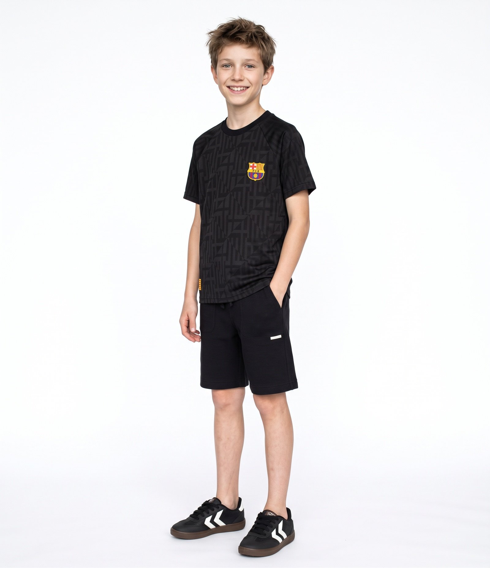 Camiseta Infantil Barcelona Textura Geométrica com Escudo Aplicado - Tam 5 a 14 Anos Preto 2