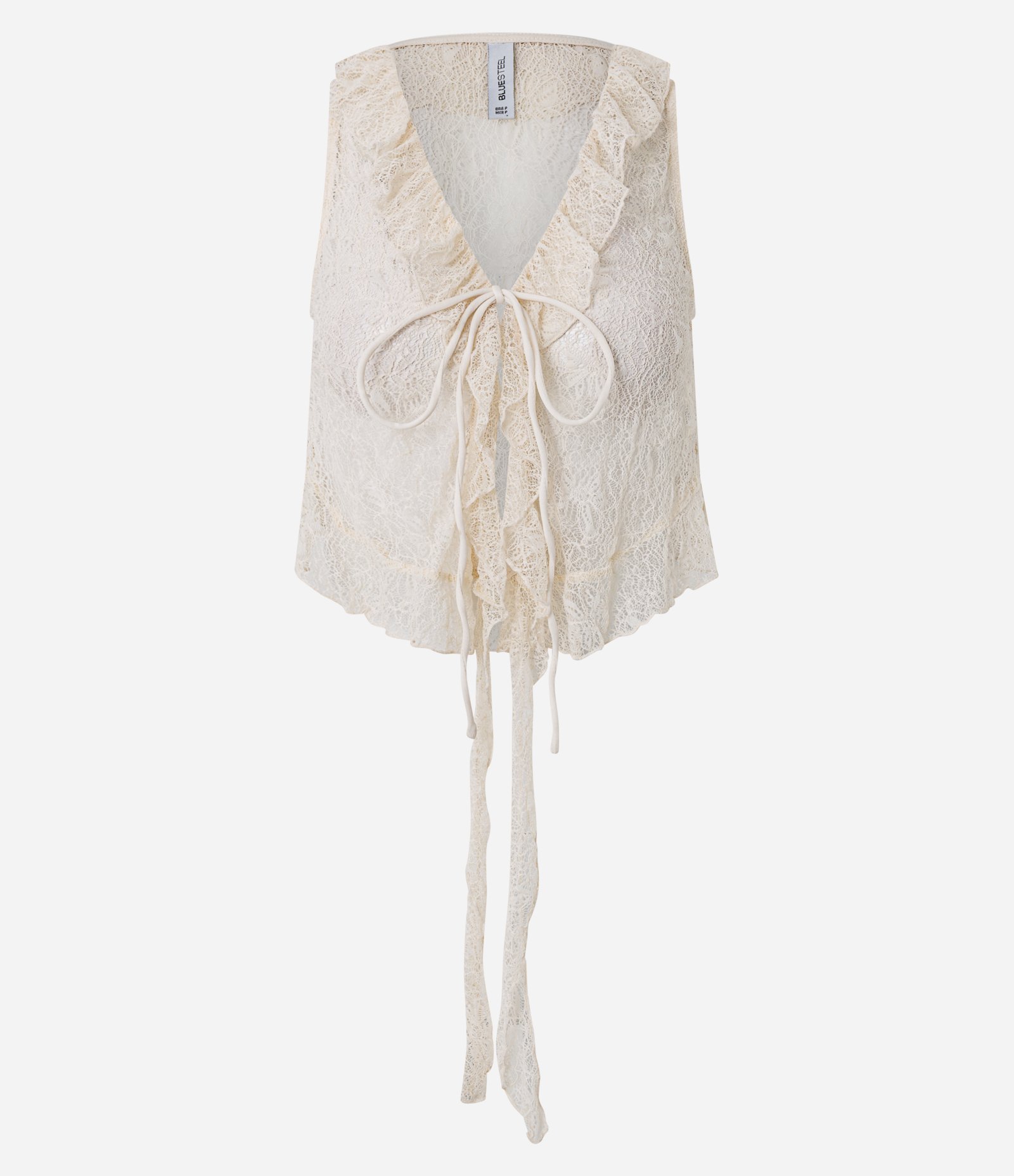 Blusa em Poliamida com Renda e Babados no Decote Bege 5
