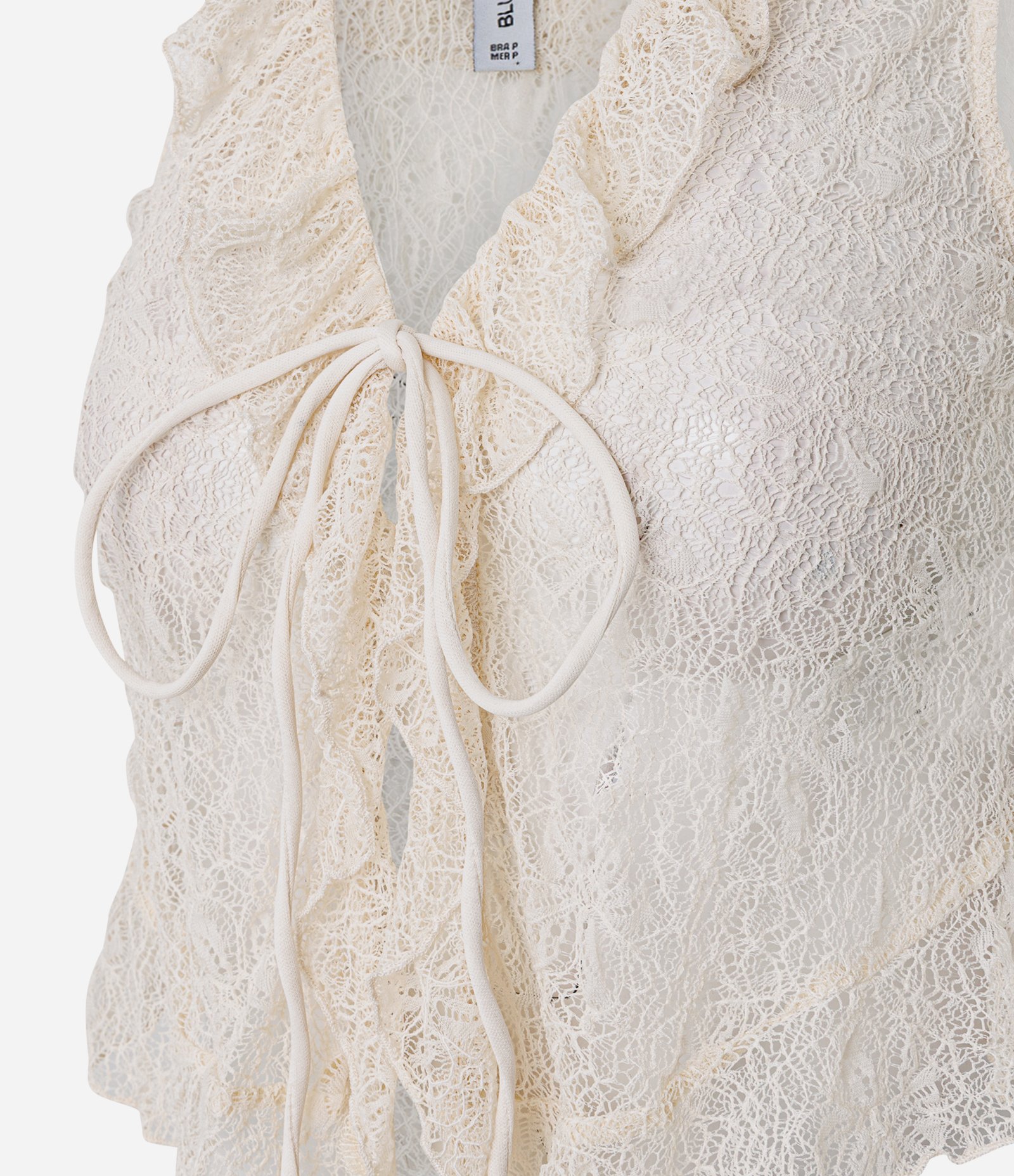 Blusa em Poliamida com Renda e Babados no Decote Bege 6