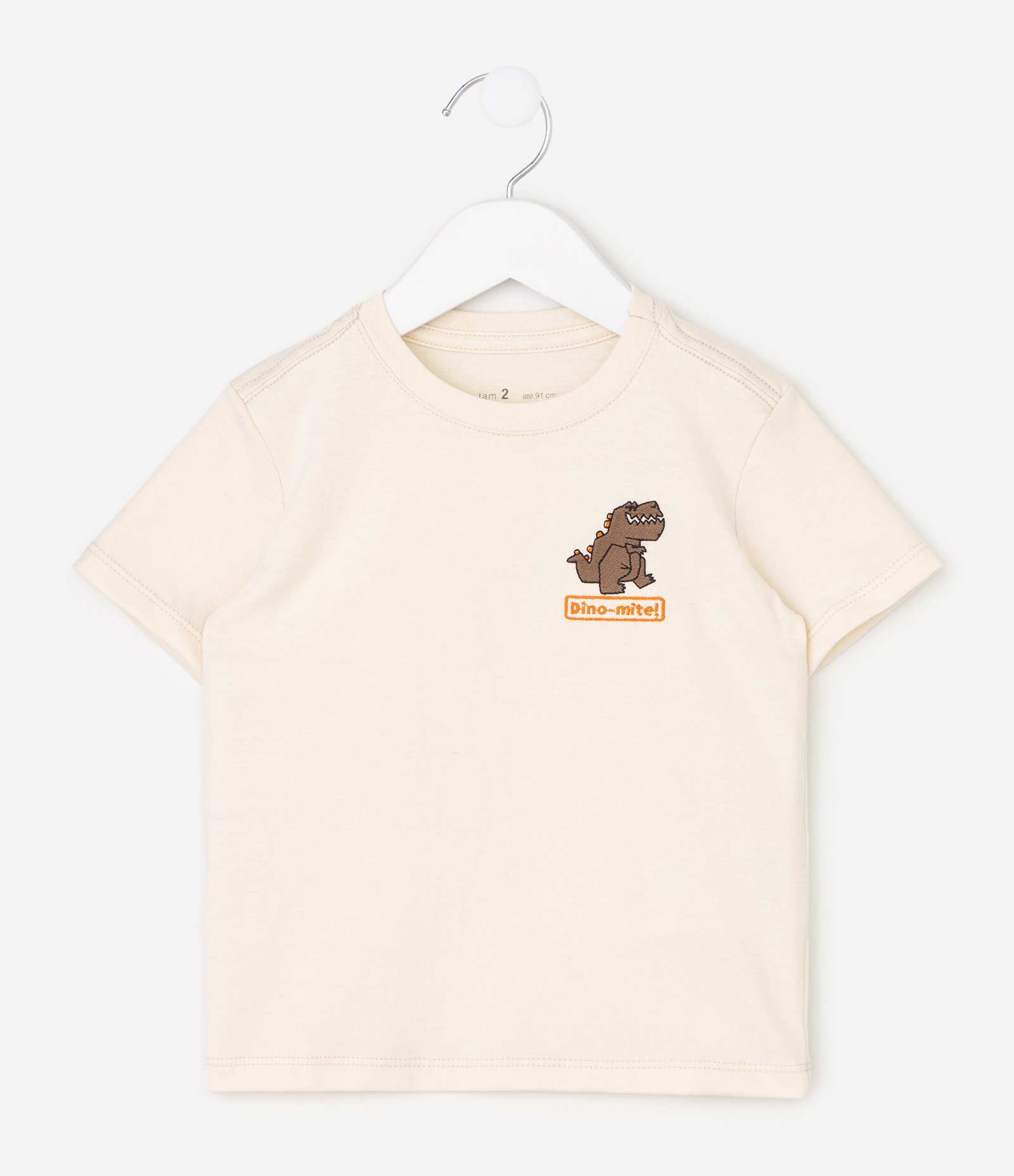Camiseta Infantil com Bordado de Dinossauro – Tam 1 a 6 Anos Bege Claro 1