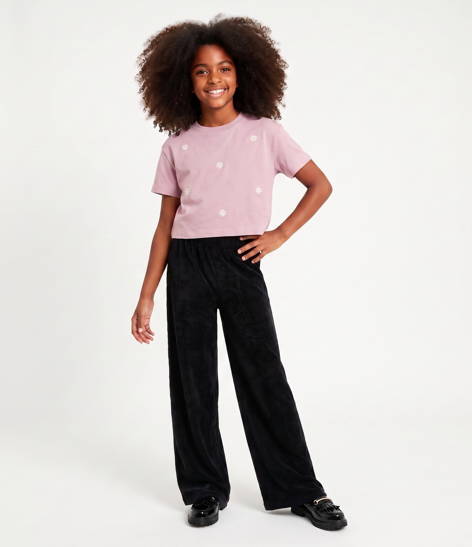 Camiseta Infantil em Algodão com Bordado de Flores - Tam 5 a 16 Anos Lilás 1
