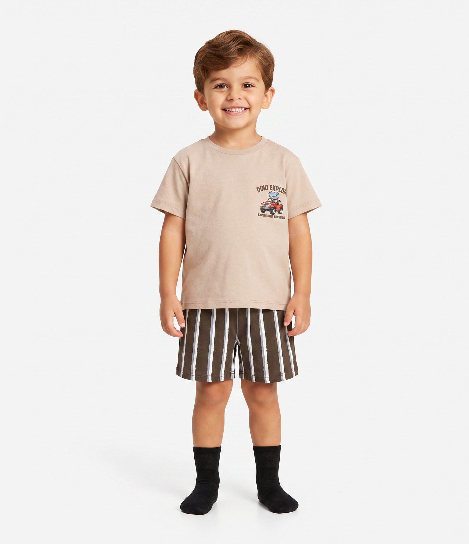 Pijama Infantil em Algodão Dino Explore com Short - Tam 2 a 6 Anos Bege 1