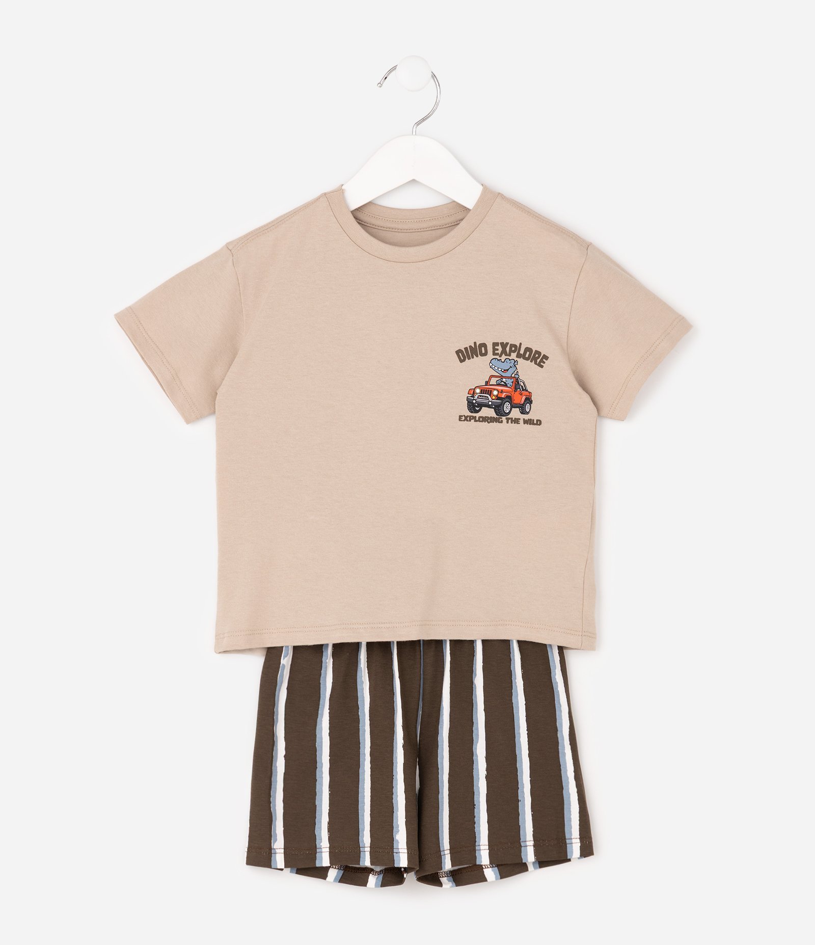 Pijama Infantil em Algodão Dino Explore com Short - Tam 2 a 6 Anos Bege 2