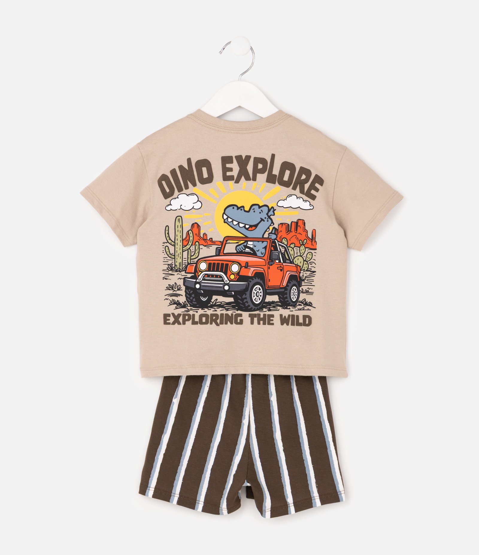 Pijama Infantil em Algodão Dino Explore com Short - Tam 2 a 6 Anos Bege 3