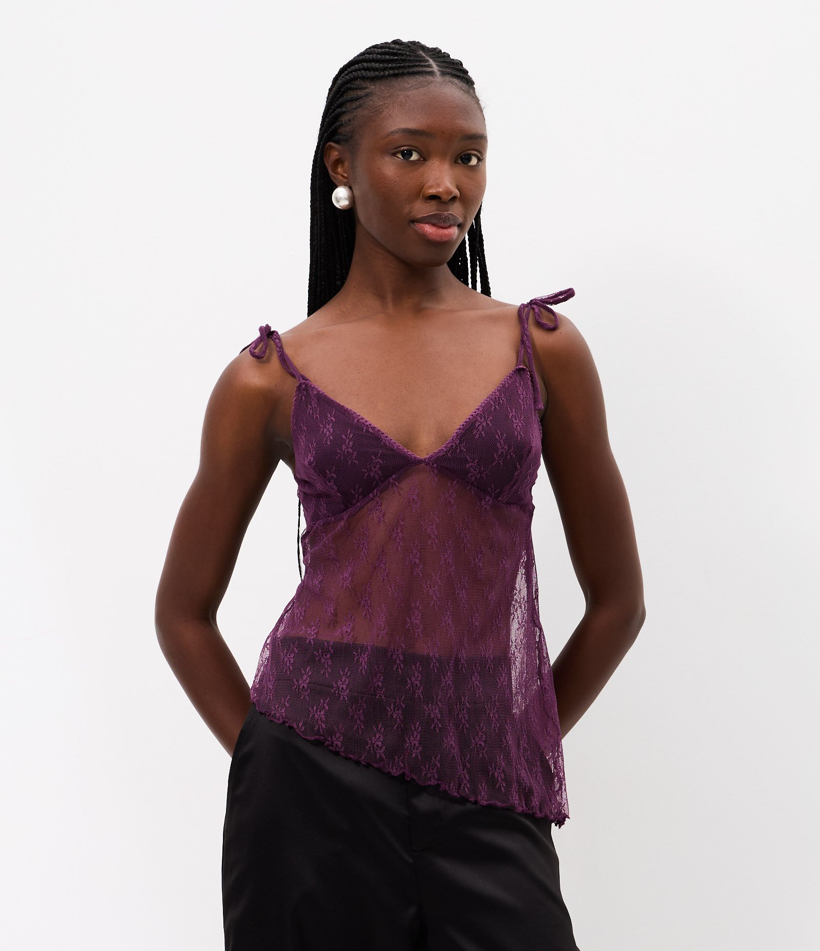 Blusa em Renda com Alças de Amarração e Barra Assimétrica Roxo 1
