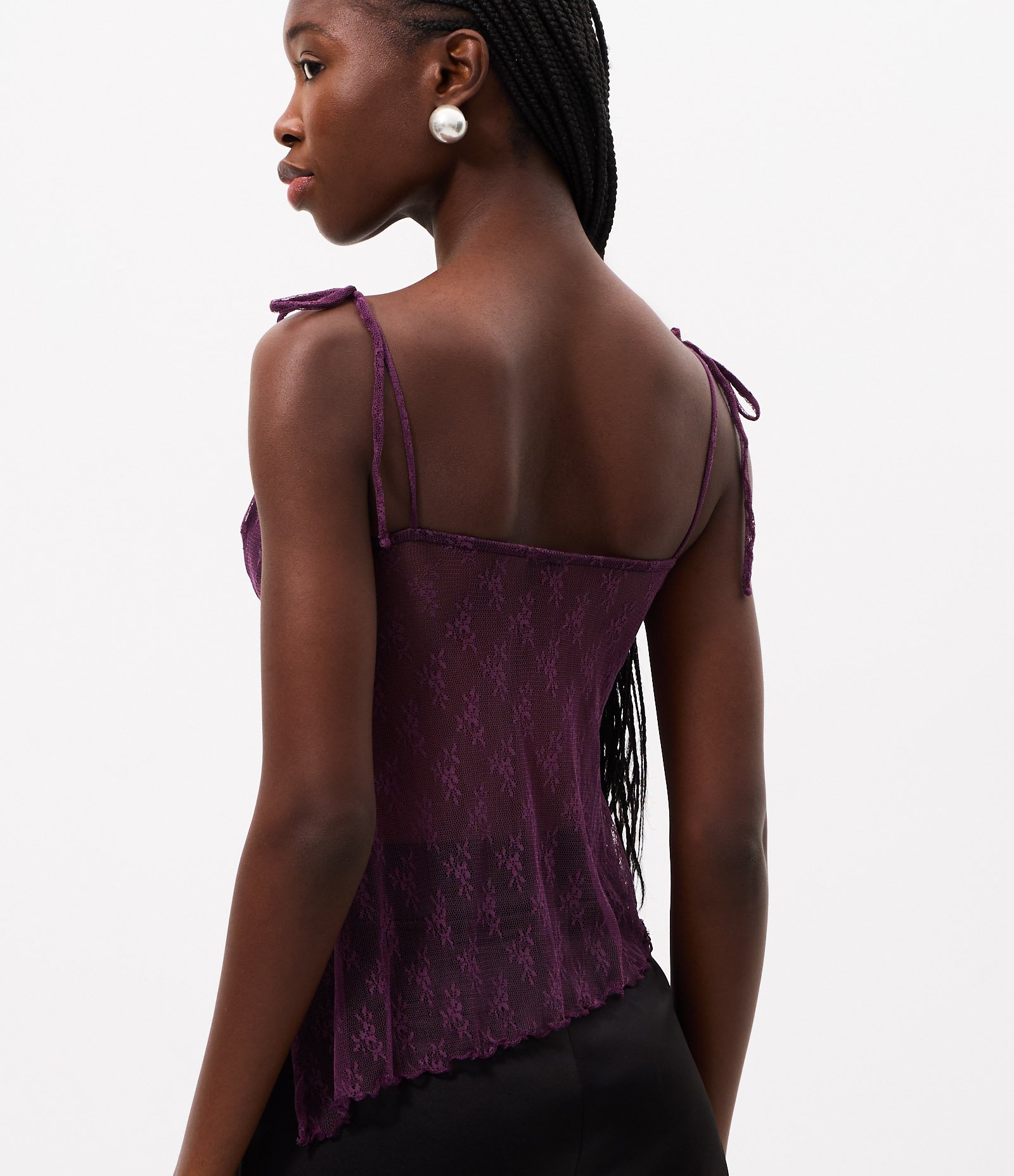Blusa em Renda com Alças de Amarração e Barra Assimétrica Roxo 4
