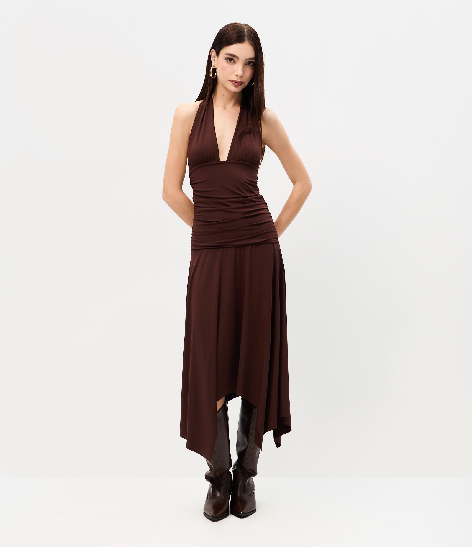Vestido Ajustado com Frente Única Drapeado Marrom 1