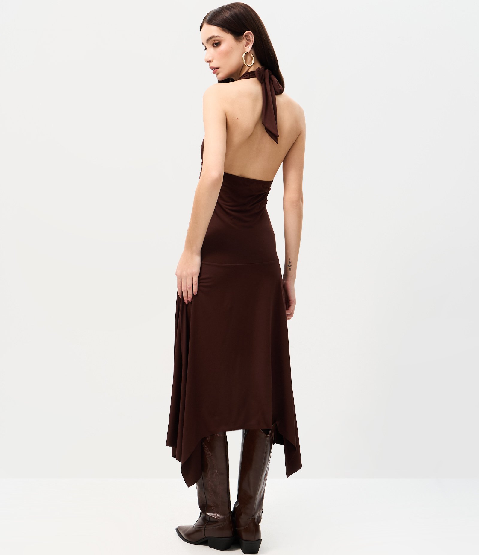 Vestido Ajustado com Frente Única Drapeado Marrom 4