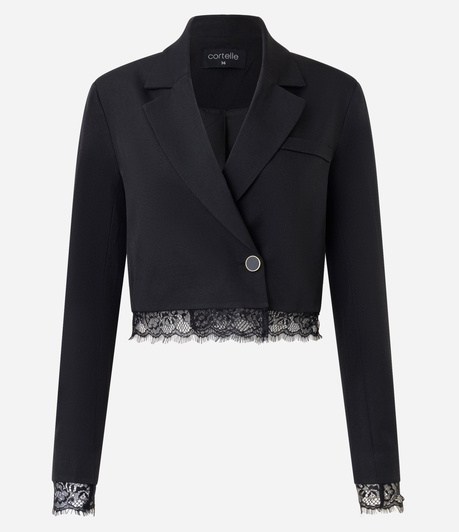 Blazer Curto Alfaiatado com Detalhe em Renda na Barra Preto 1