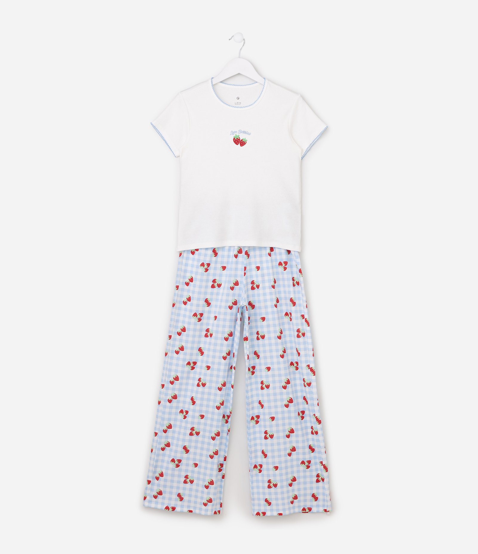 Pijama Infantil Em Algodão com Bordado de Morango - Tam 7 a 16 Anos Branco/Azul 1