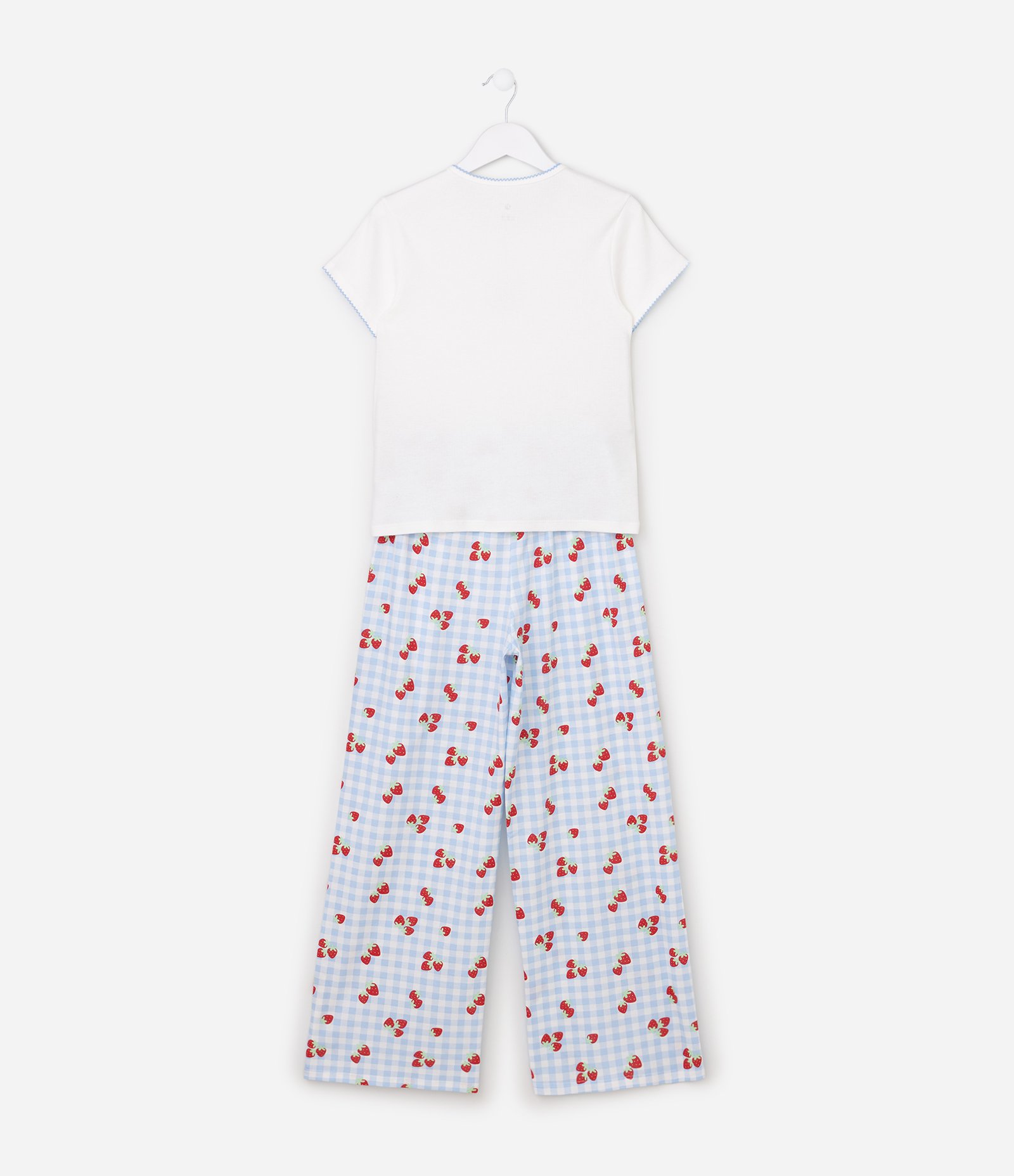 Pijama Infantil Em Algodão com Bordado de Morango - Tam 7 a 16 Anos Branco/Azul 2
