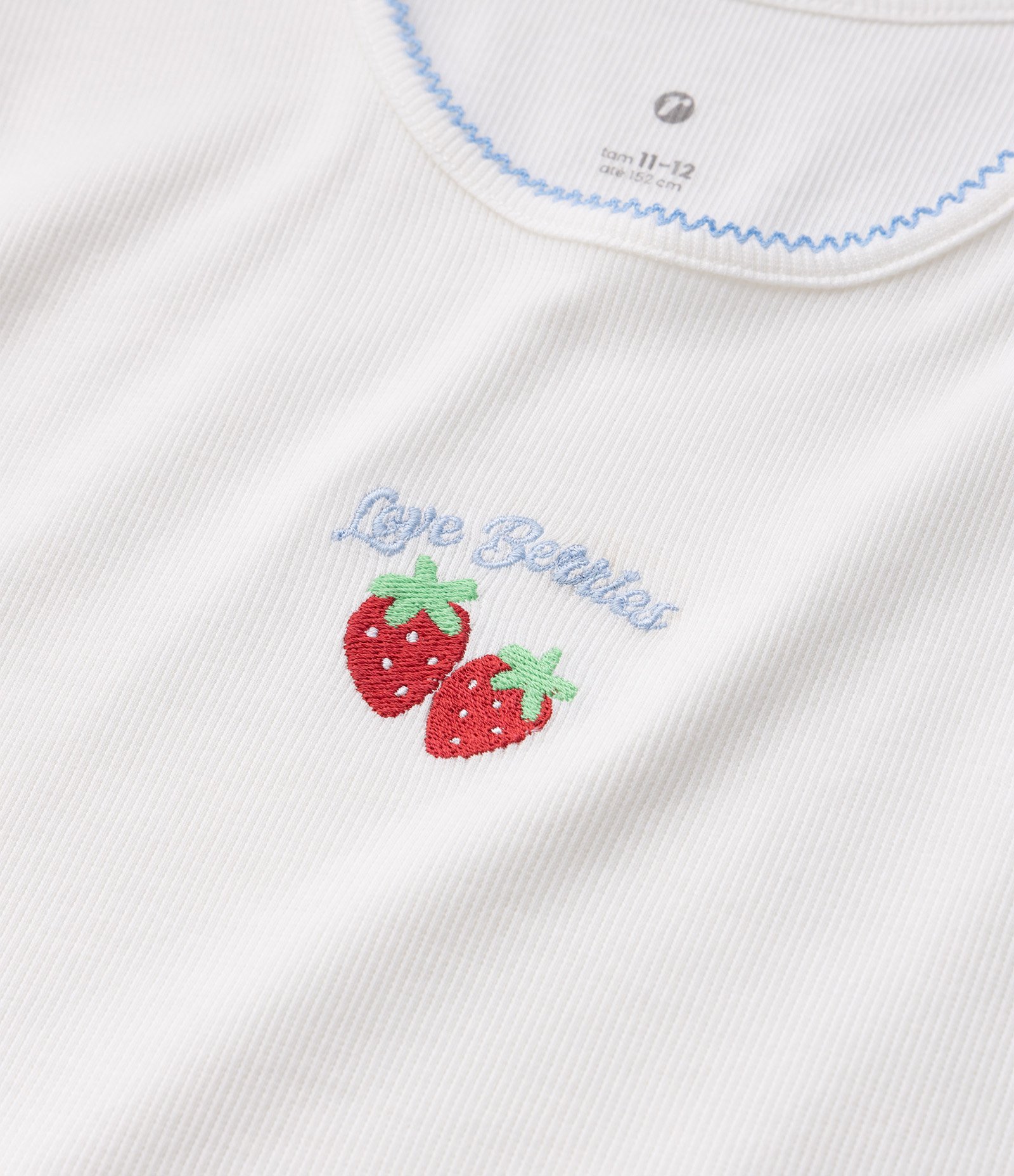 Pijama Infantil Em Algodão com Bordado de Morango - Tam 7 a 16 Anos Branco/Azul 4