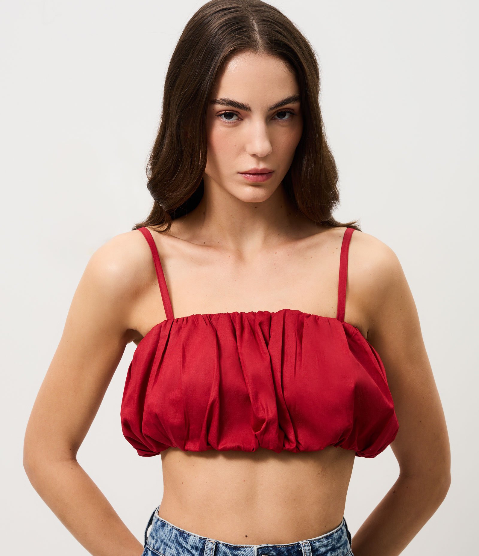 Top Balonê em Tricoline Franzido com Alças Finas Vermelho 1