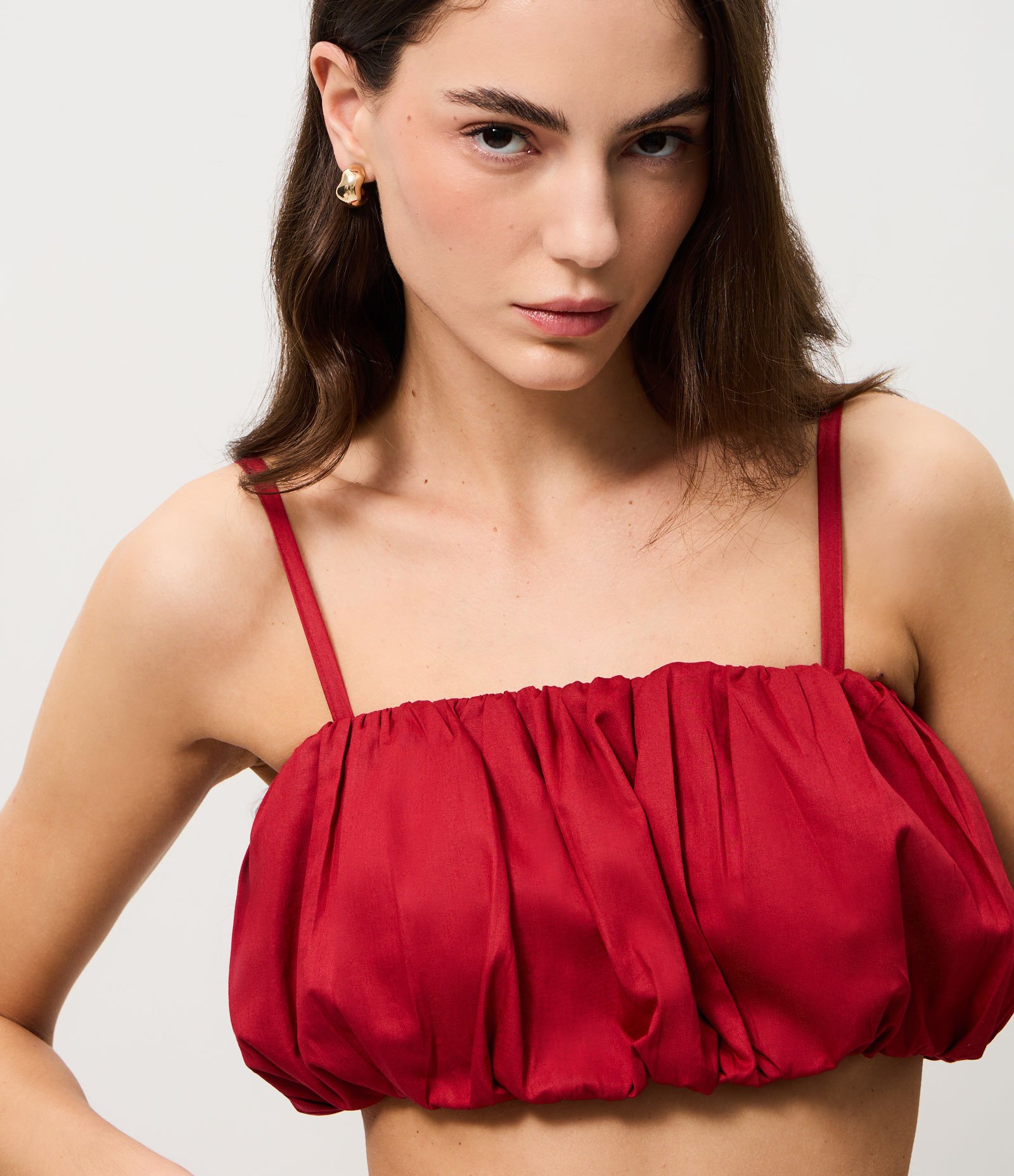 Top Balonê em Tricoline Franzido com Alças Finas Vermelho 3