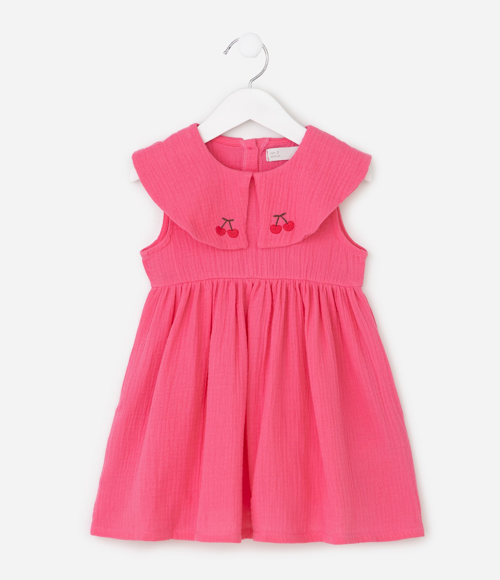 Vestido Infantil em Algodão com Bordados de Cereja na Gola - Tam 1 A 6 Anos Rosa 1
