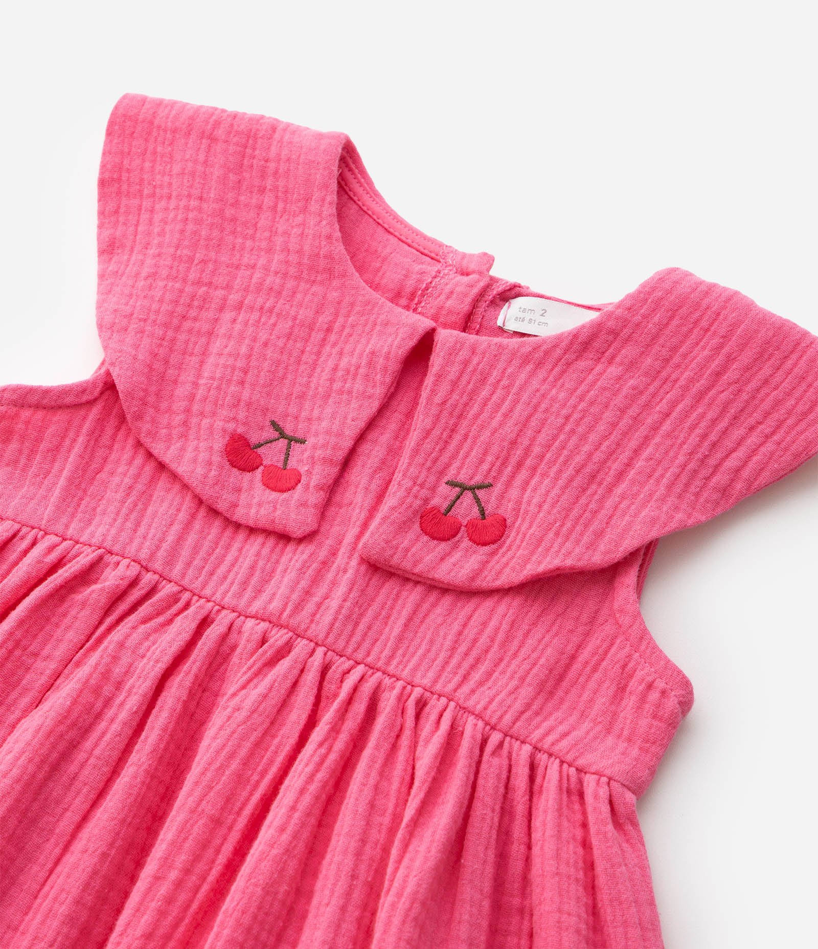 Vestido Infantil em Algodão com Bordados de Cereja na Gola - Tam 1 A 6 Anos Rosa 4