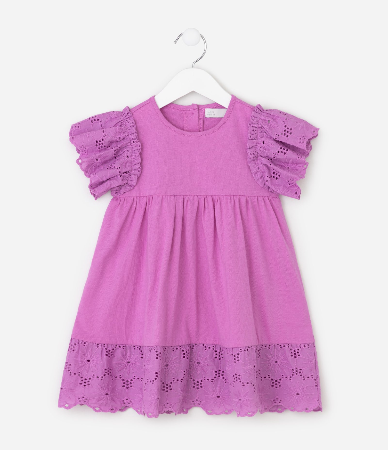Vestido Infantil Em Algodão Manga com Broderie e Barra Bordada - Tam 1 a 6 Anos Rosa 1