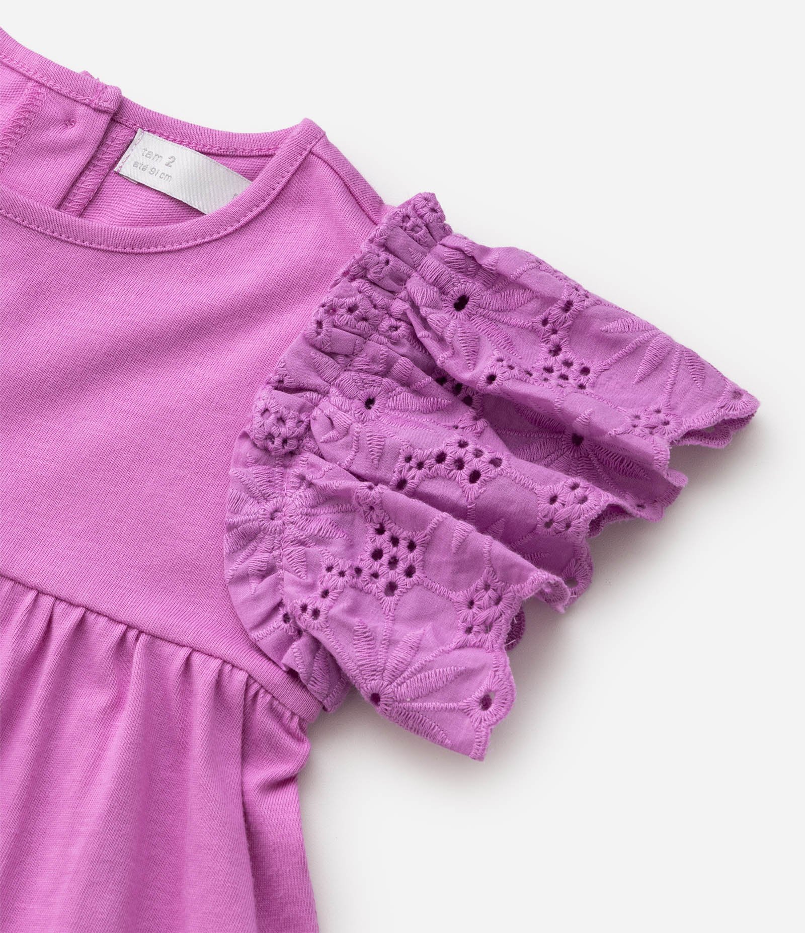 Vestido Infantil Em Algodão Manga com Broderie e Barra Bordada - Tam 1 a 6 Anos Rosa 4
