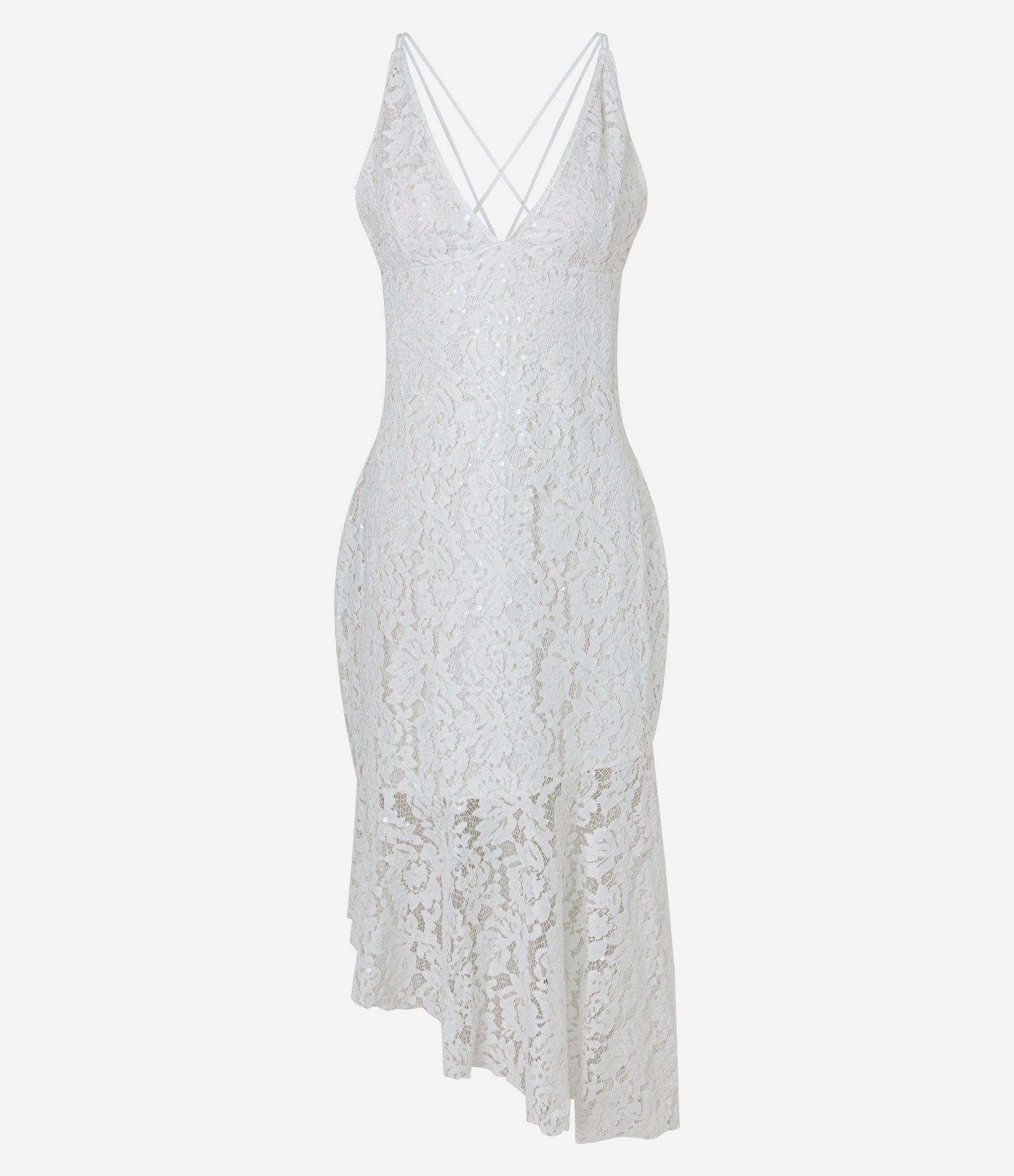 Vestido Midi Assimétrico em Renda com Paetês e Decote V Branco 1