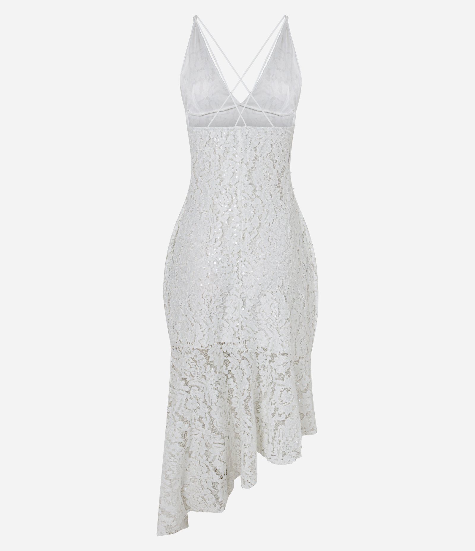 Vestido Midi Assimétrico em Renda com Paetês e Decote V Branco 2
