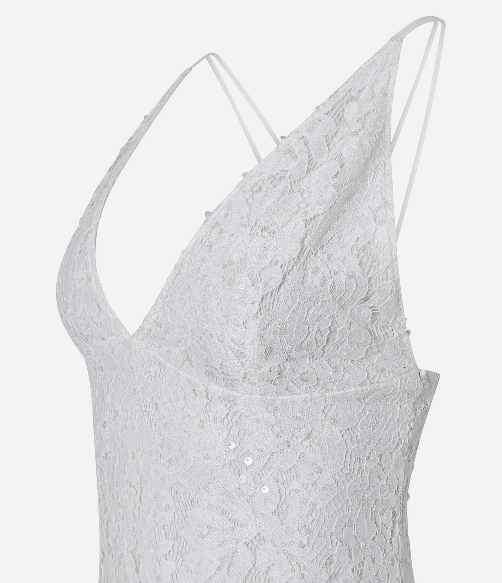 Vestido Midi Assimétrico em Renda com Paetês e Decote V Branco 3