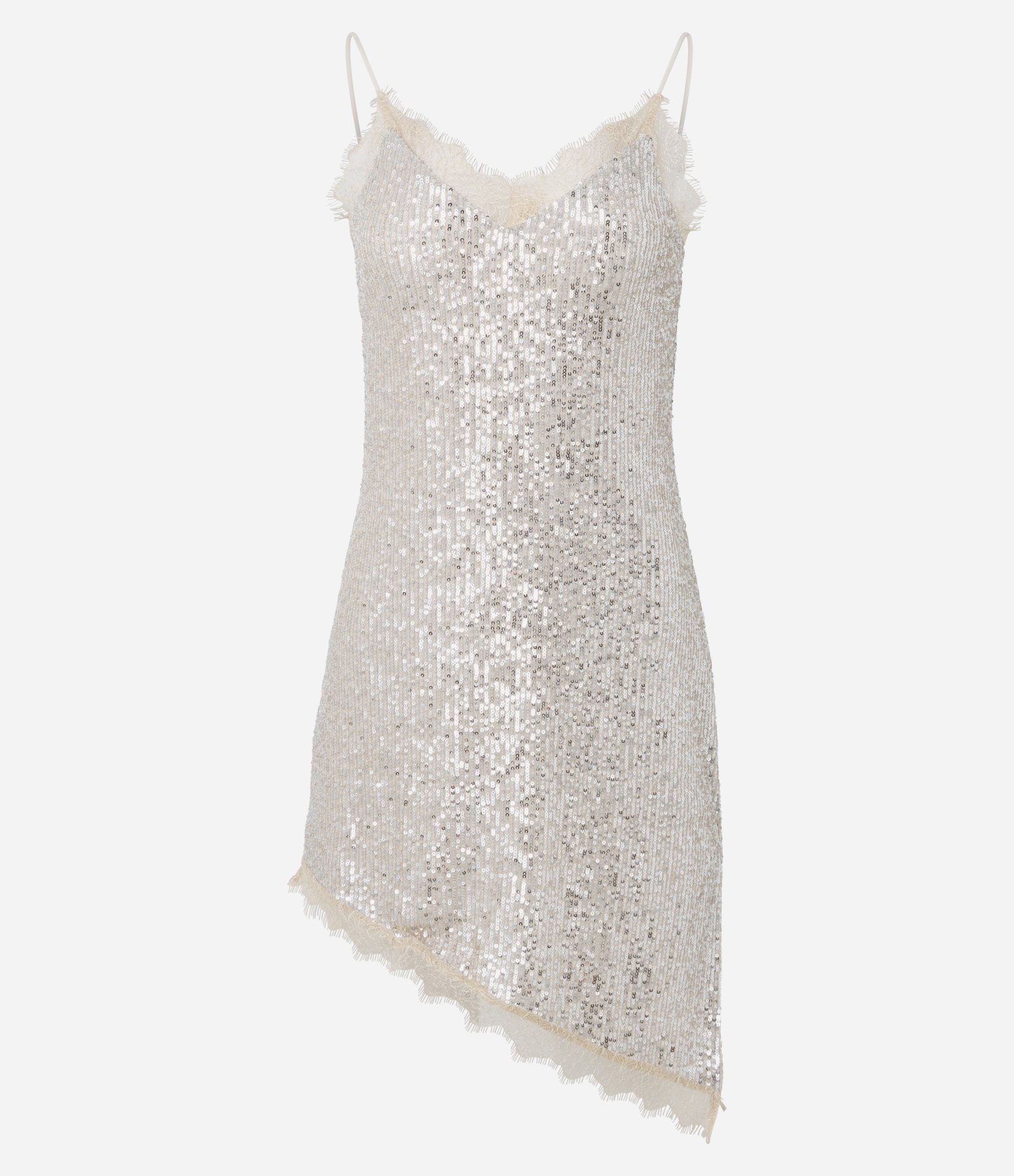 Vestido Assimétrico em Tule com Paetês e Detalhes em Renda Bege 1
